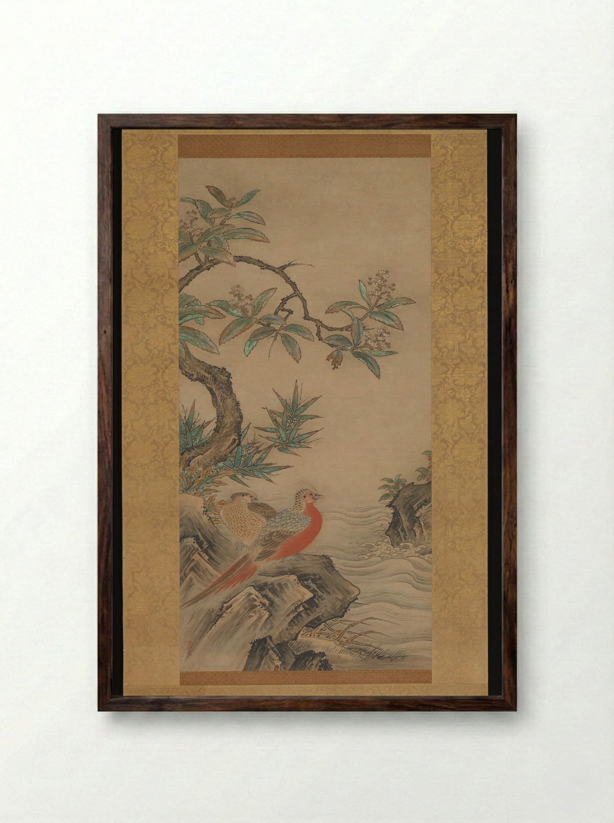 Pheasants among Trees: Flowers of the Four Seasons - Kano Shōei - Framed Print Dark Wood