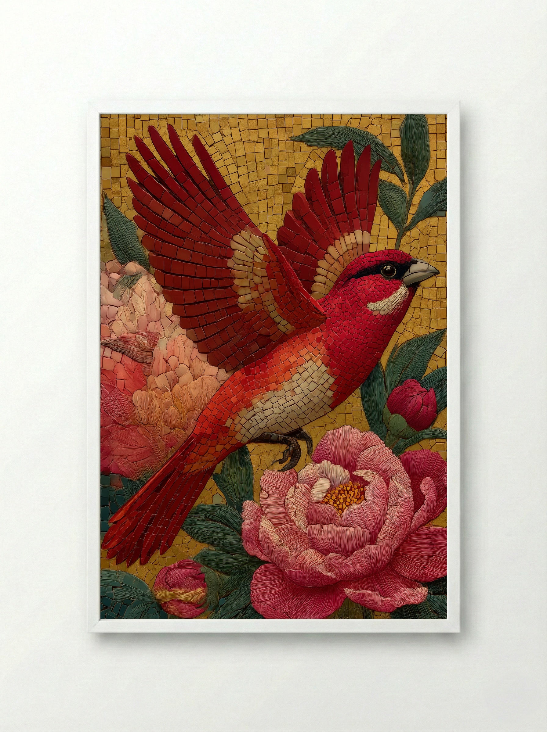 Phoenix Among Peonies in Golden Sky - Japanese Mosaic Print - Framed Print White
