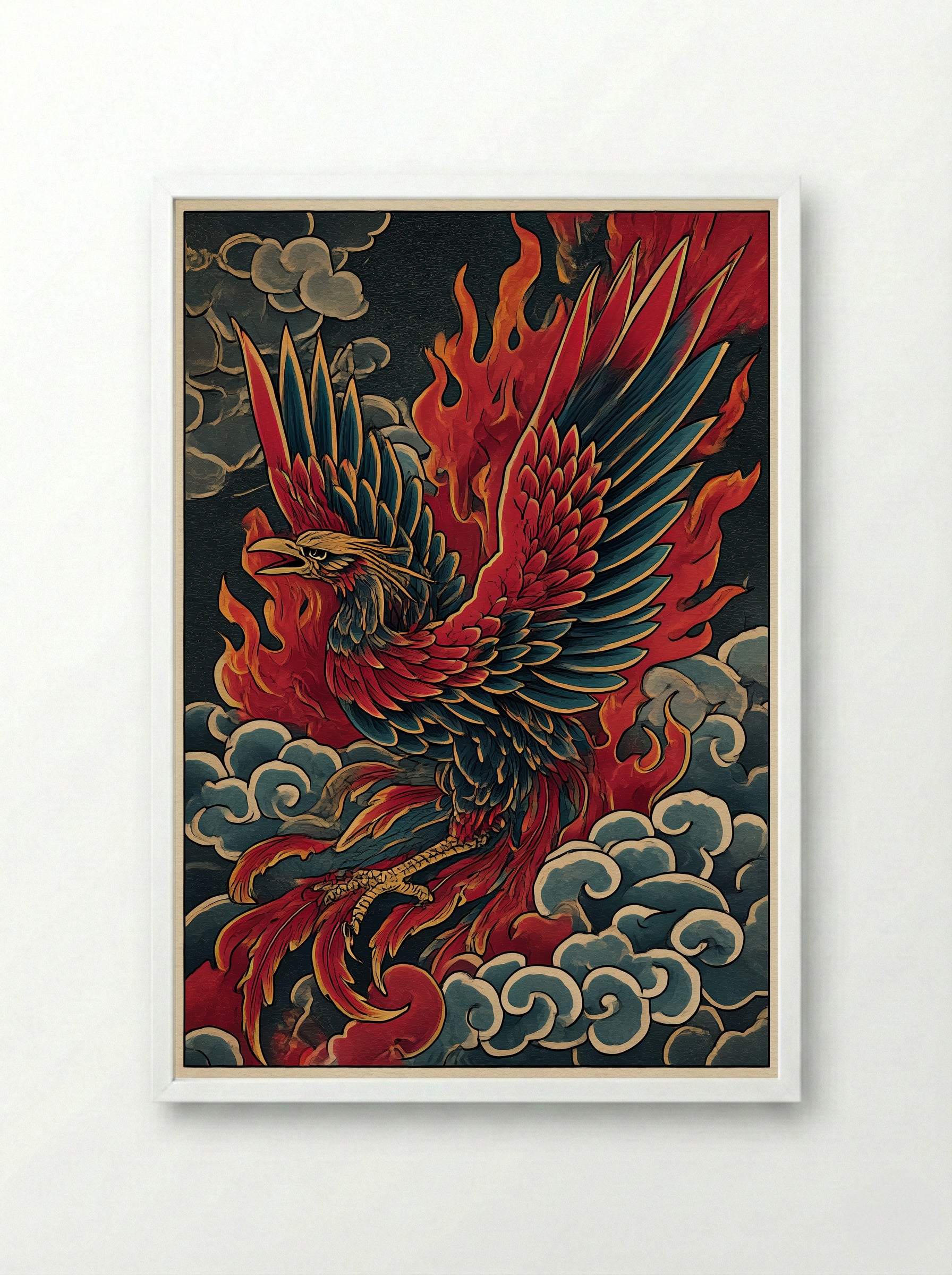 Phoenix Rising from Flames - Japanese Inspired Art Print - Framed Print White