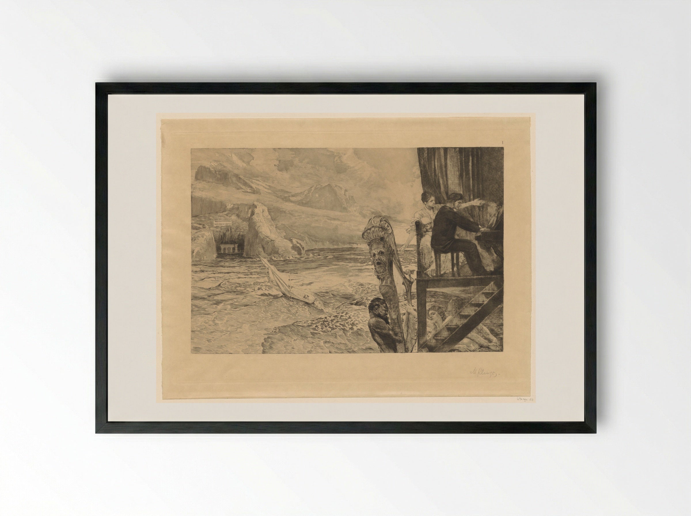Pianist on a Wooden Balcony Surrounded by Nymphs Before a Bay - Max Klinger - Framed Print Black
