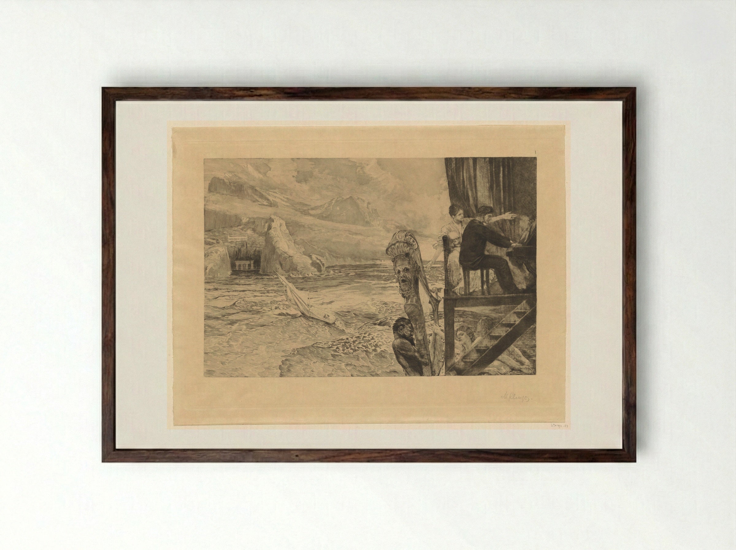 Pianist on a Wooden Balcony Surrounded by Nymphs Before a Bay - Max Klinger - Framed Print Dark Wood