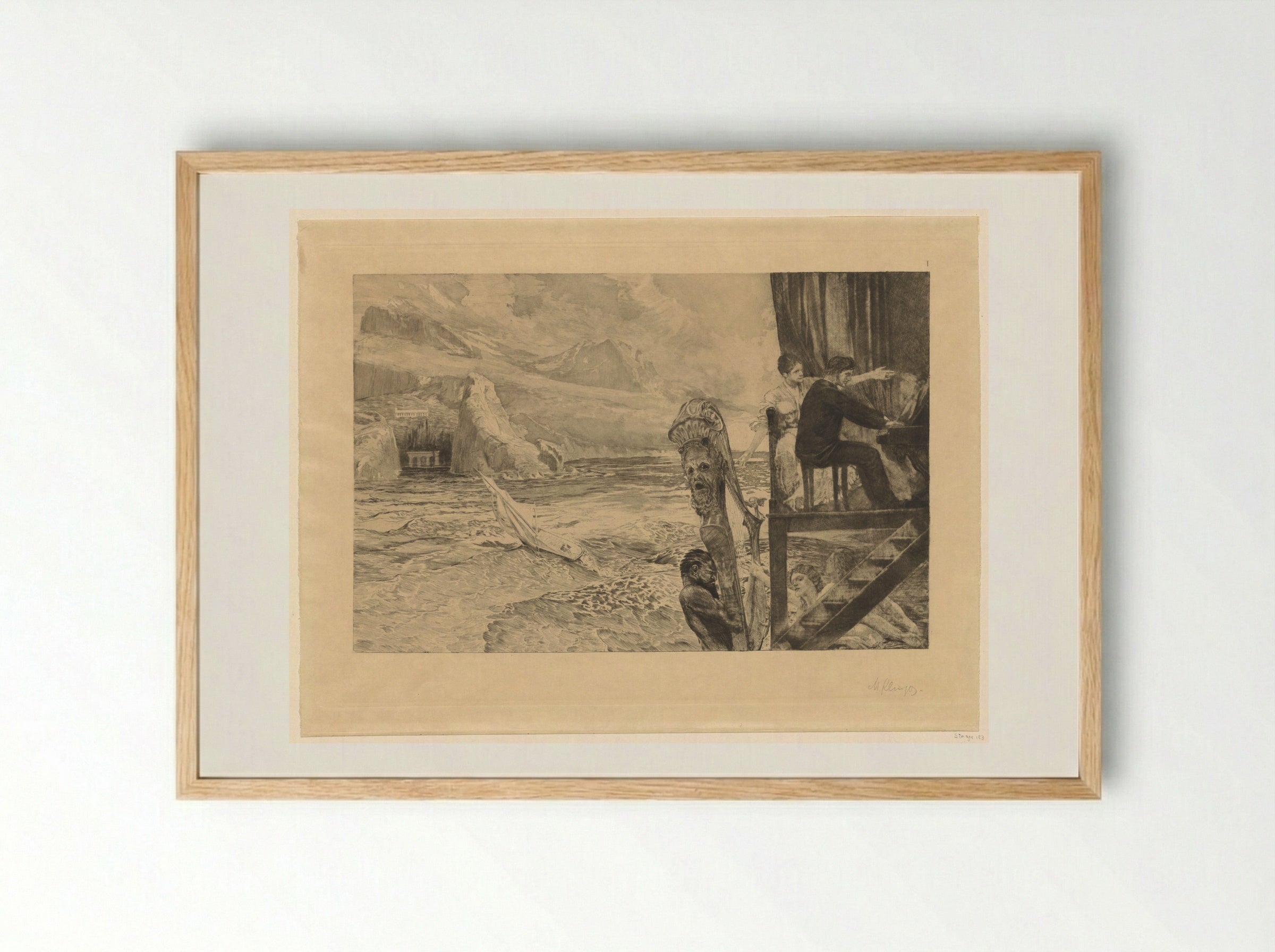 Pianist on a Wooden Balcony Surrounded by Nymphs Before a Bay - Max Klinger - Framed Print Wood