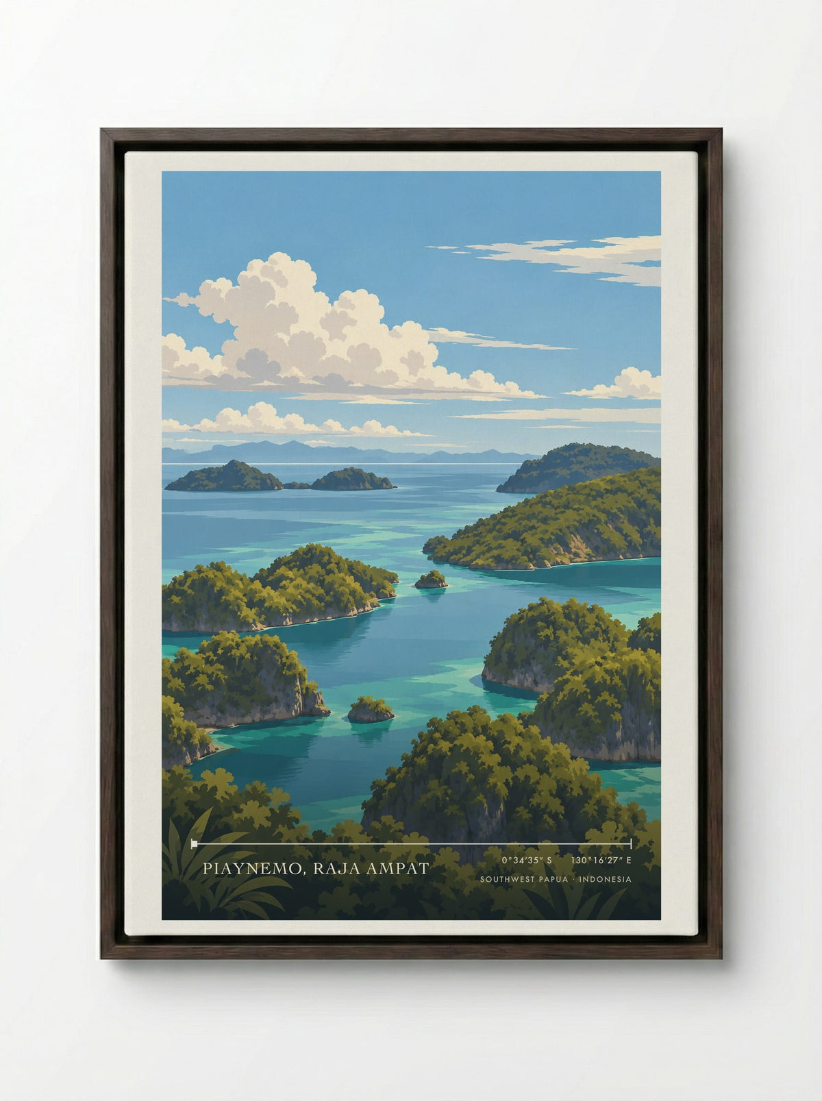 Piaynemo, Raja Ampat, Southwest Papua | Travel Poster - Framed Canvas Dark Wood