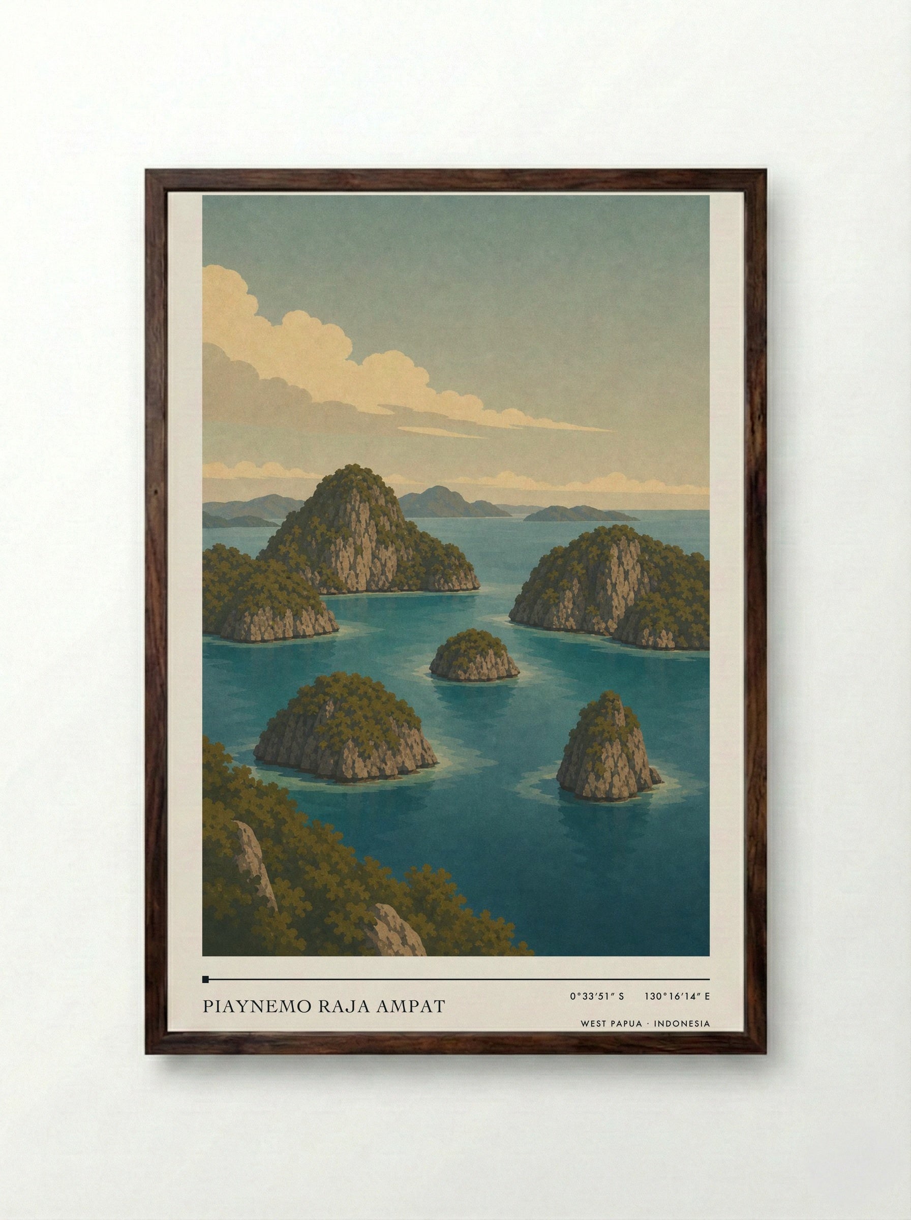 Piaynemo Raja Ampat Travel Poster Artwork - Framed Print Dark Wood