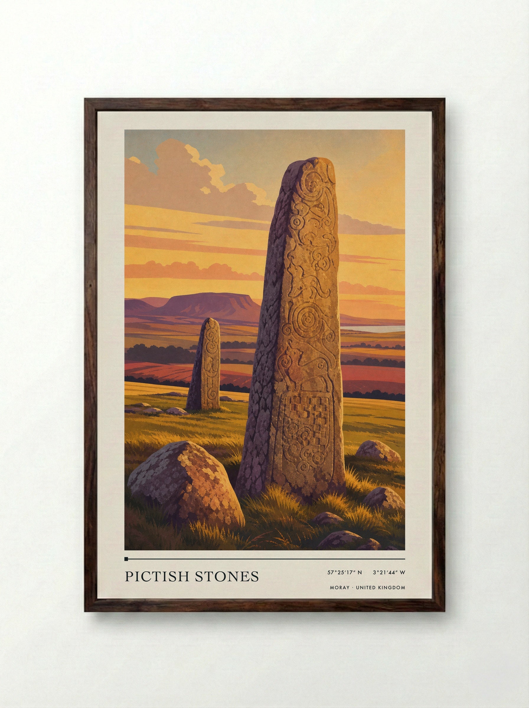 Pictish Stones Moray United Kingdom Travel Poster - Framed Print Dark Wood