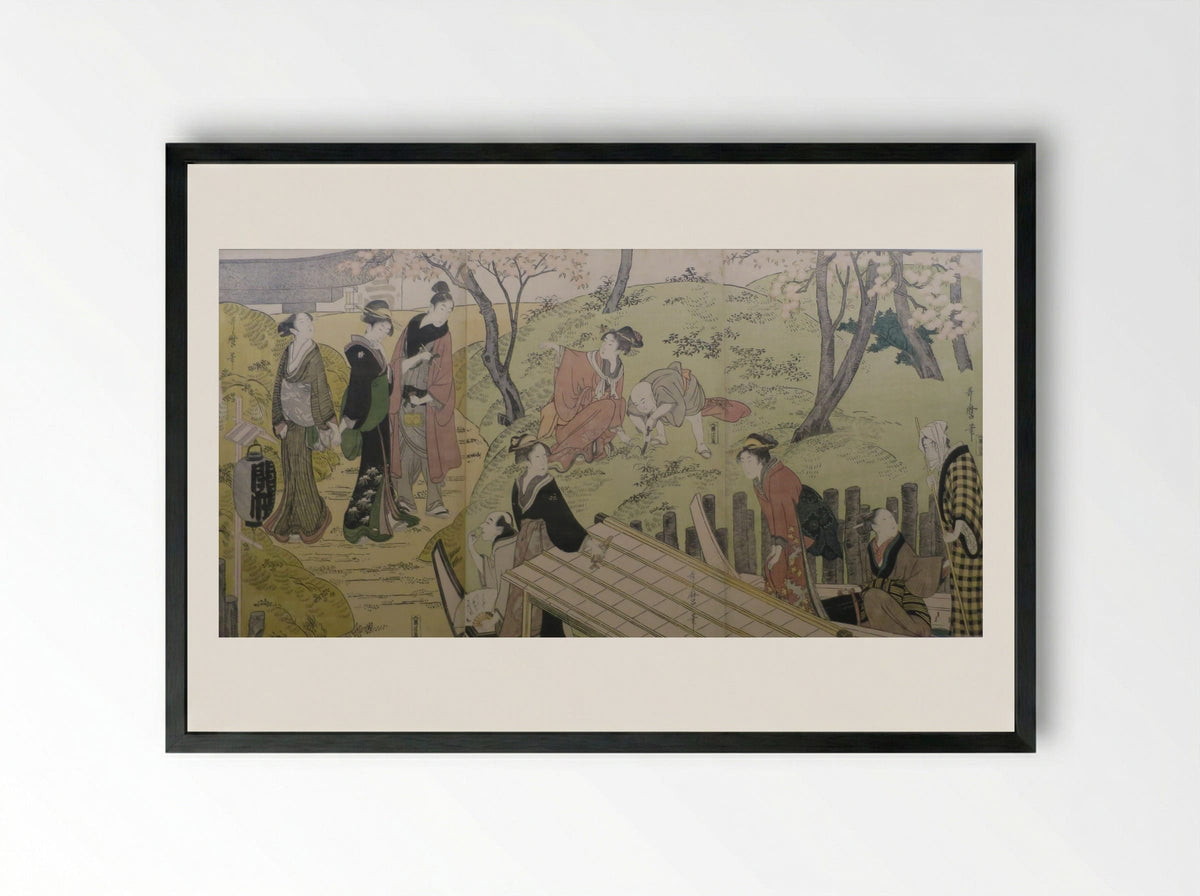 Picture of Hideyoshi and his Five Wives Viewing Cherry Blossoms at Higashiyama - Kitagawa Utamaro - Framed Print Black