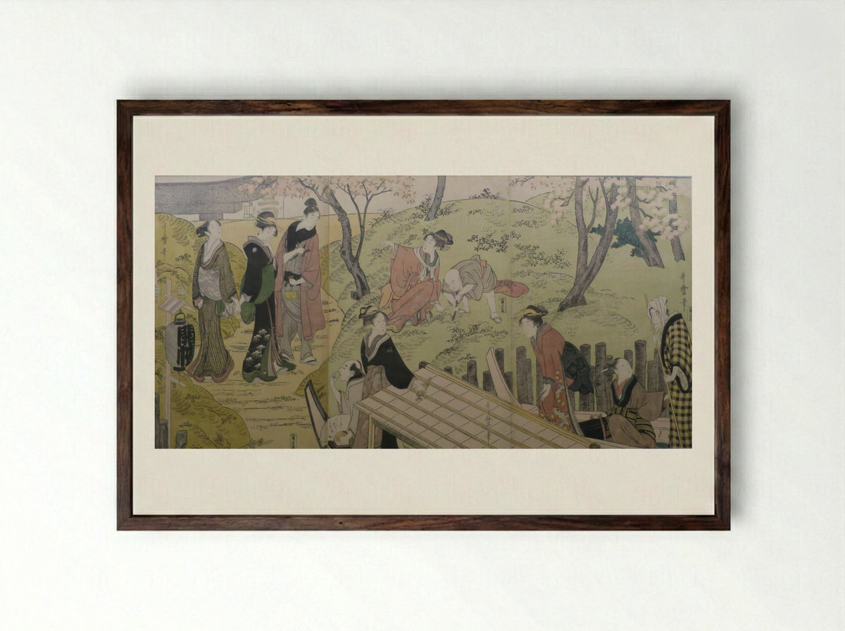 Picture of Hideyoshi and his Five Wives Viewing Cherry Blossoms at Higashiyama - Kitagawa Utamaro - Framed Print Dark Wood