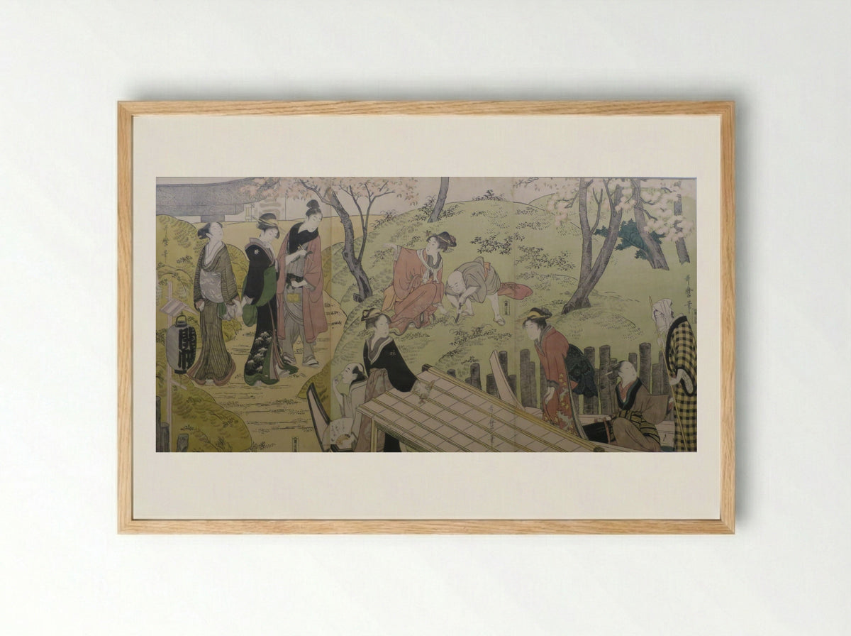 Picture of Hideyoshi and his Five Wives Viewing Cherry Blossoms at Higashiyama - Kitagawa Utamaro - Framed Print Wood