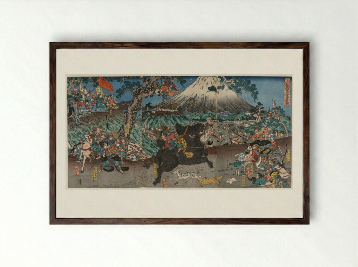 Picture of Minamoto no Yoritomo's Hunt on the Slopes of Mount Fuji - Utagawa Yoshifuji - Framed Print Dark Wood