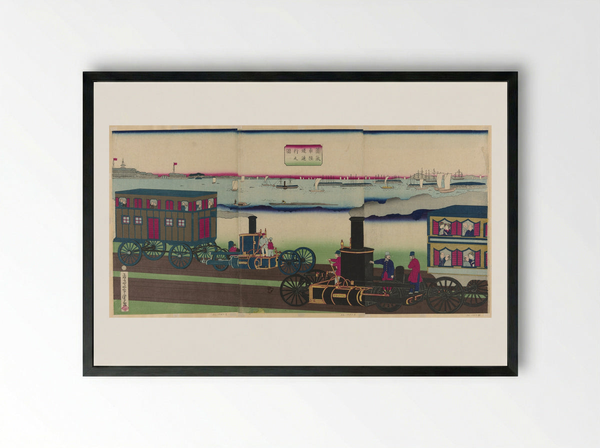 Picture of Steam Locomotives Traveling (Jokisha rikudo tsuko no zu) - Utagawa Yoshitora - Framed Print Black