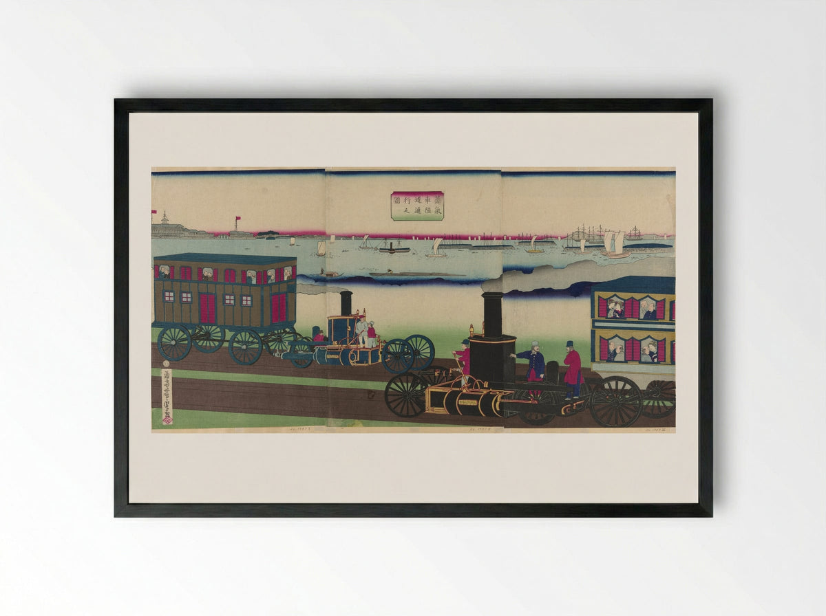 Picture of Steam Locomotives Traveling (Jokisha rikudo tsuko no zu) - Utagawa Yoshitora - Framed Print Black