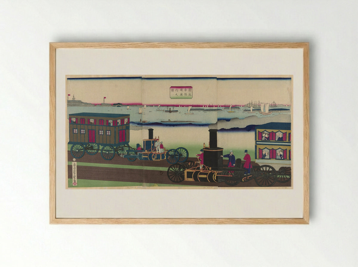 Picture of Steam Locomotives Traveling (Jokisha rikudo tsuko no zu) - Utagawa Yoshitora - Framed Print Wood