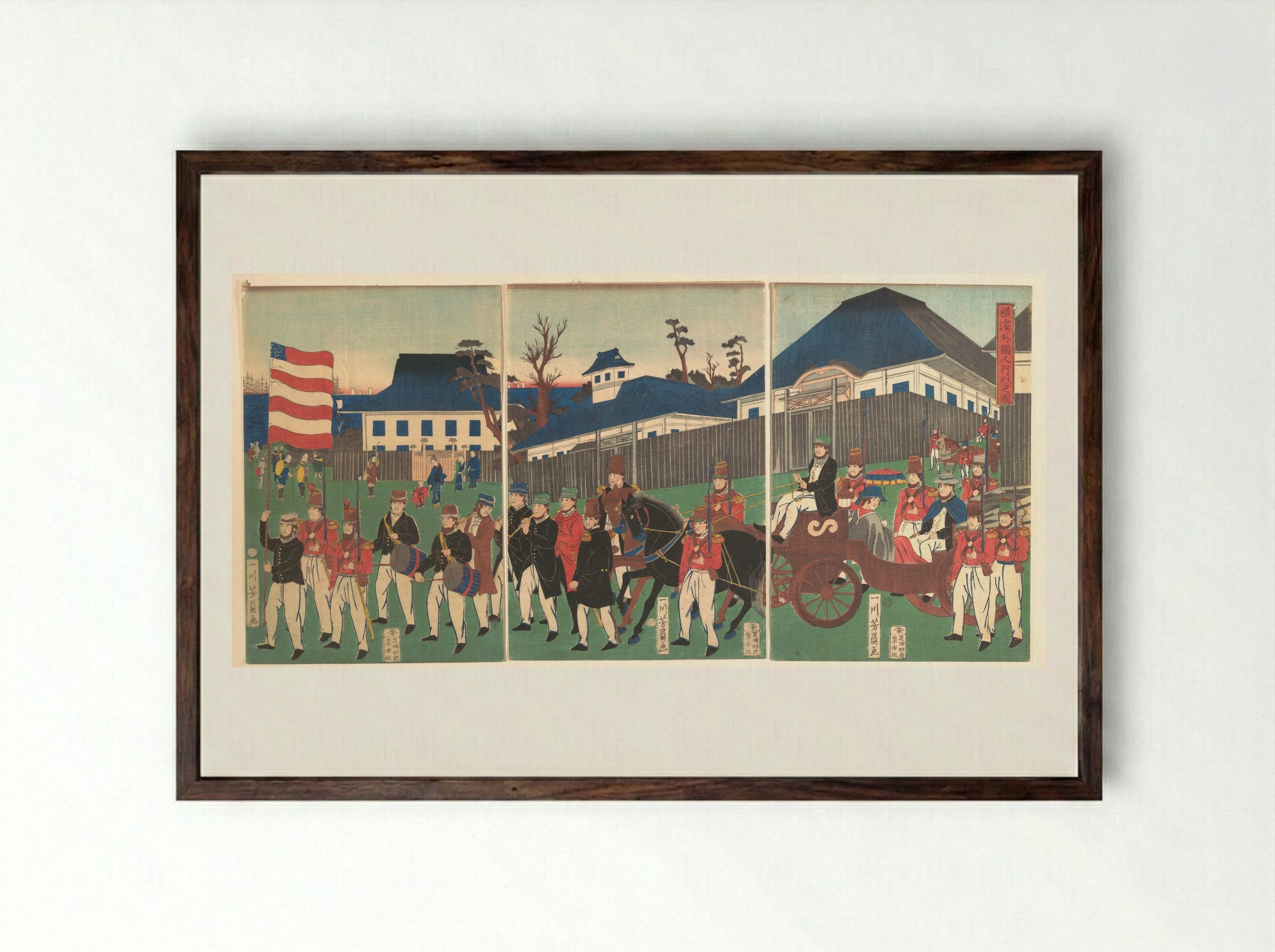 Picture of a Procession of Foreigners at Yokohama - Utagawa Yoshikazu - Framed Print Dark Wood