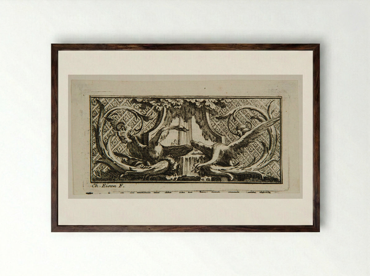 Piece of Ornament with Two Swans - Charles Eisen - Framed Print Dark Wood