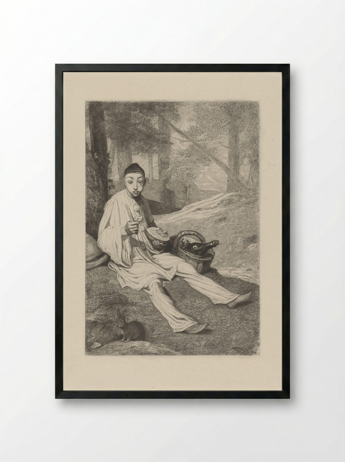 Pierrot and a Rabbit in a Landscape - Ferdinand Leenhoff - Framed Print Black