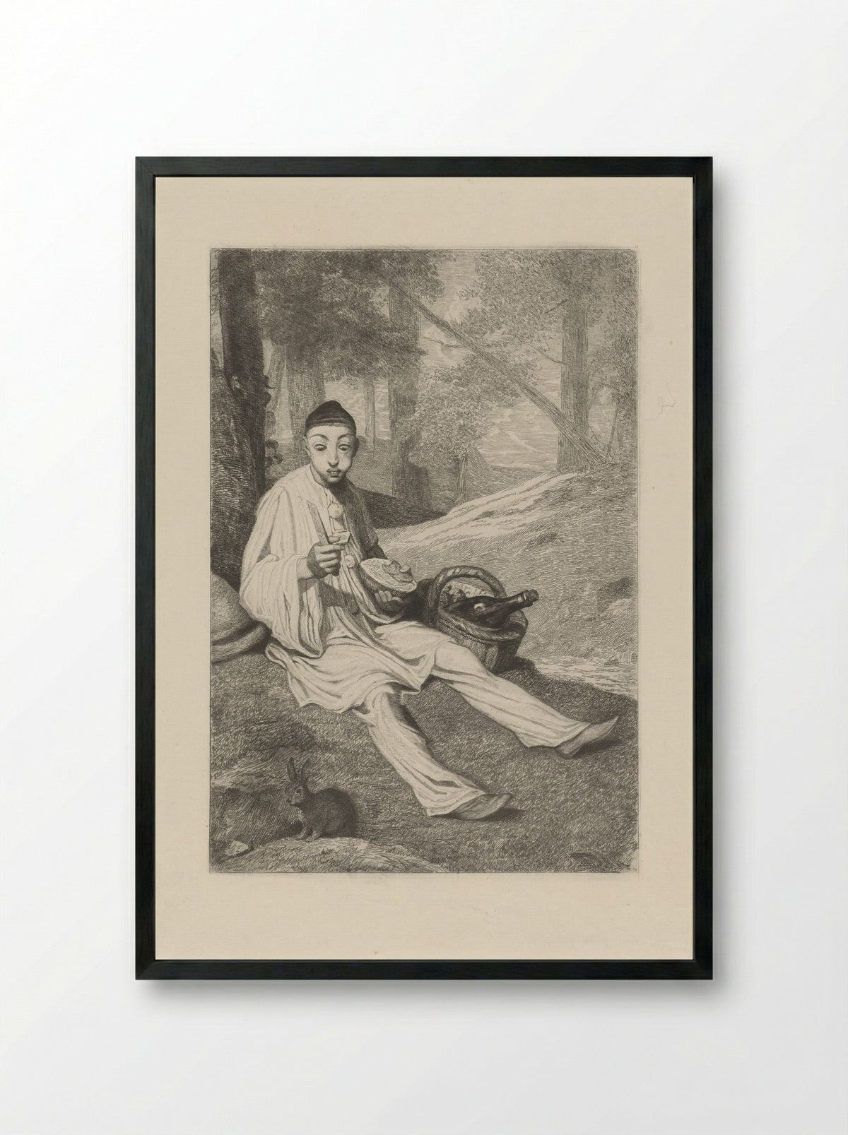 Pierrot and a Rabbit in a Landscape - Ferdinand Leenhoff - Framed Print Black