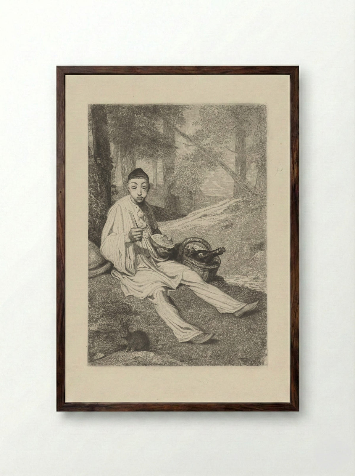 Pierrot and a Rabbit in a Landscape - Ferdinand Leenhoff - Framed Print Dark Wood