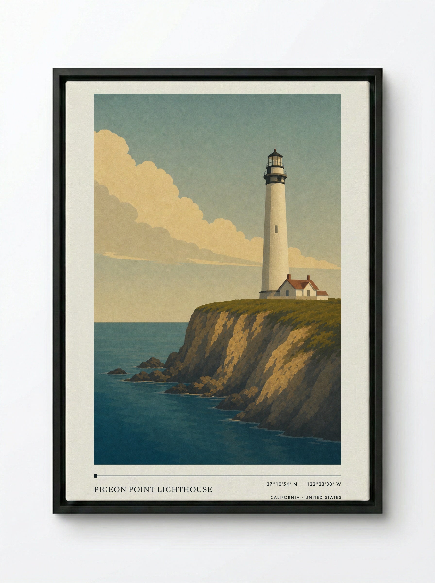 Pigeon Point Lighthouse Travel Poster Artwork - Framed Canvas Black