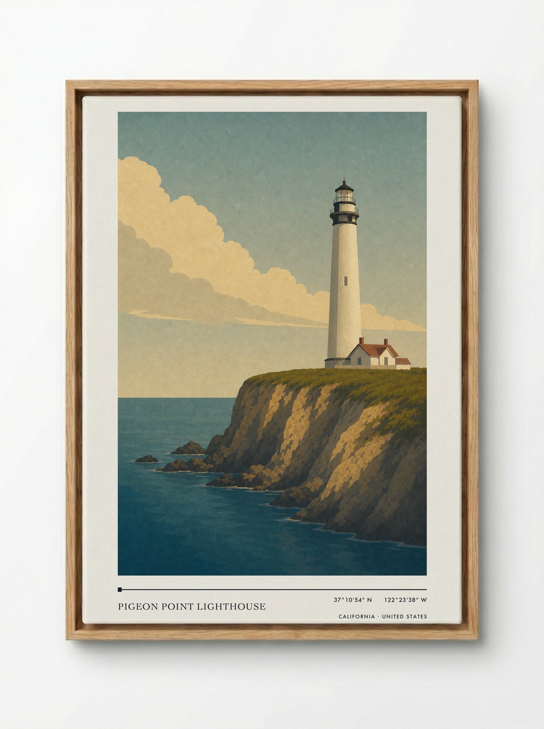Pigeon Point Lighthouse Travel Poster Artwork - Framed Canvas Wood