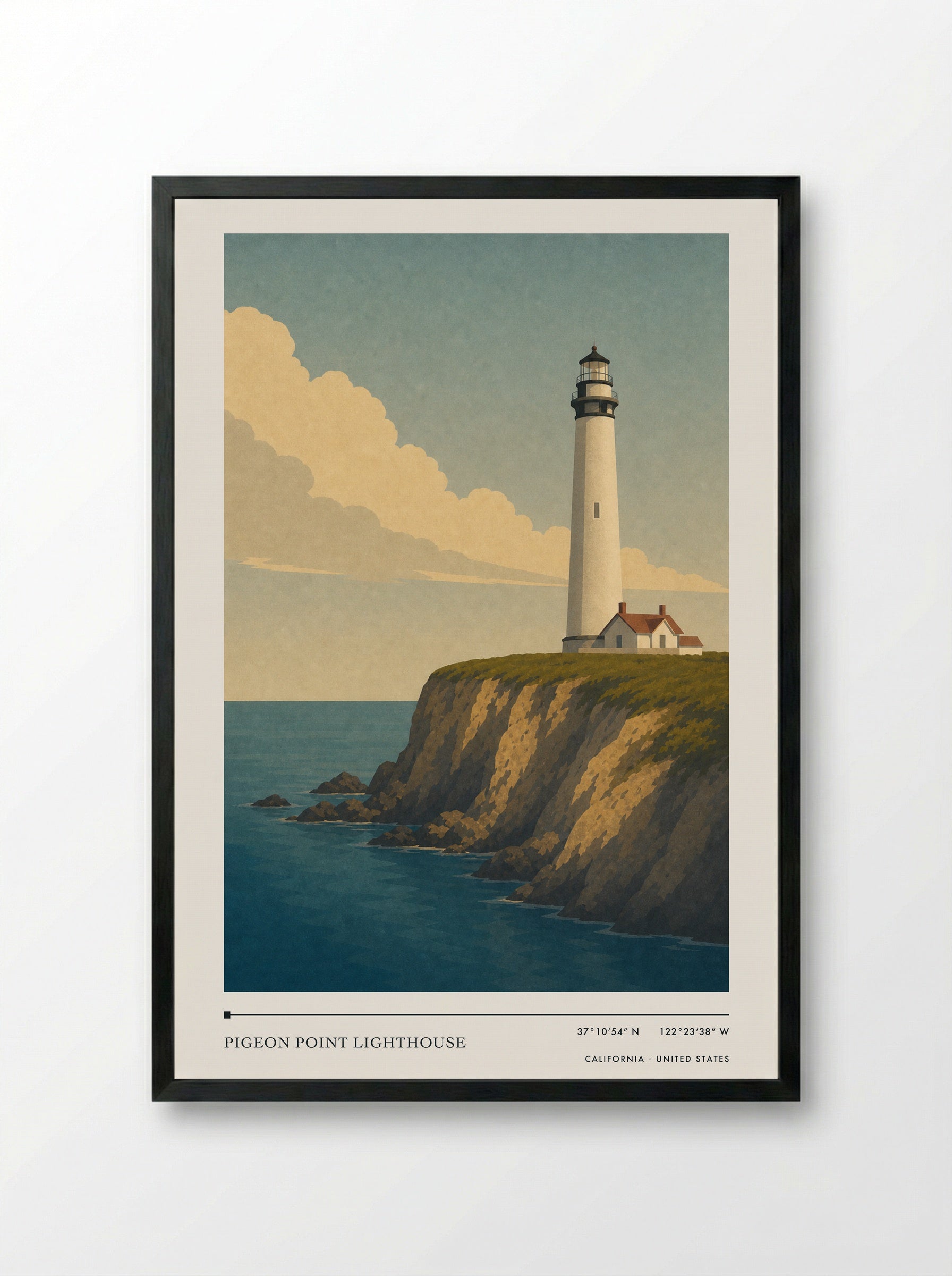 Pigeon Point Lighthouse Travel Poster Artwork - Framed Print Black