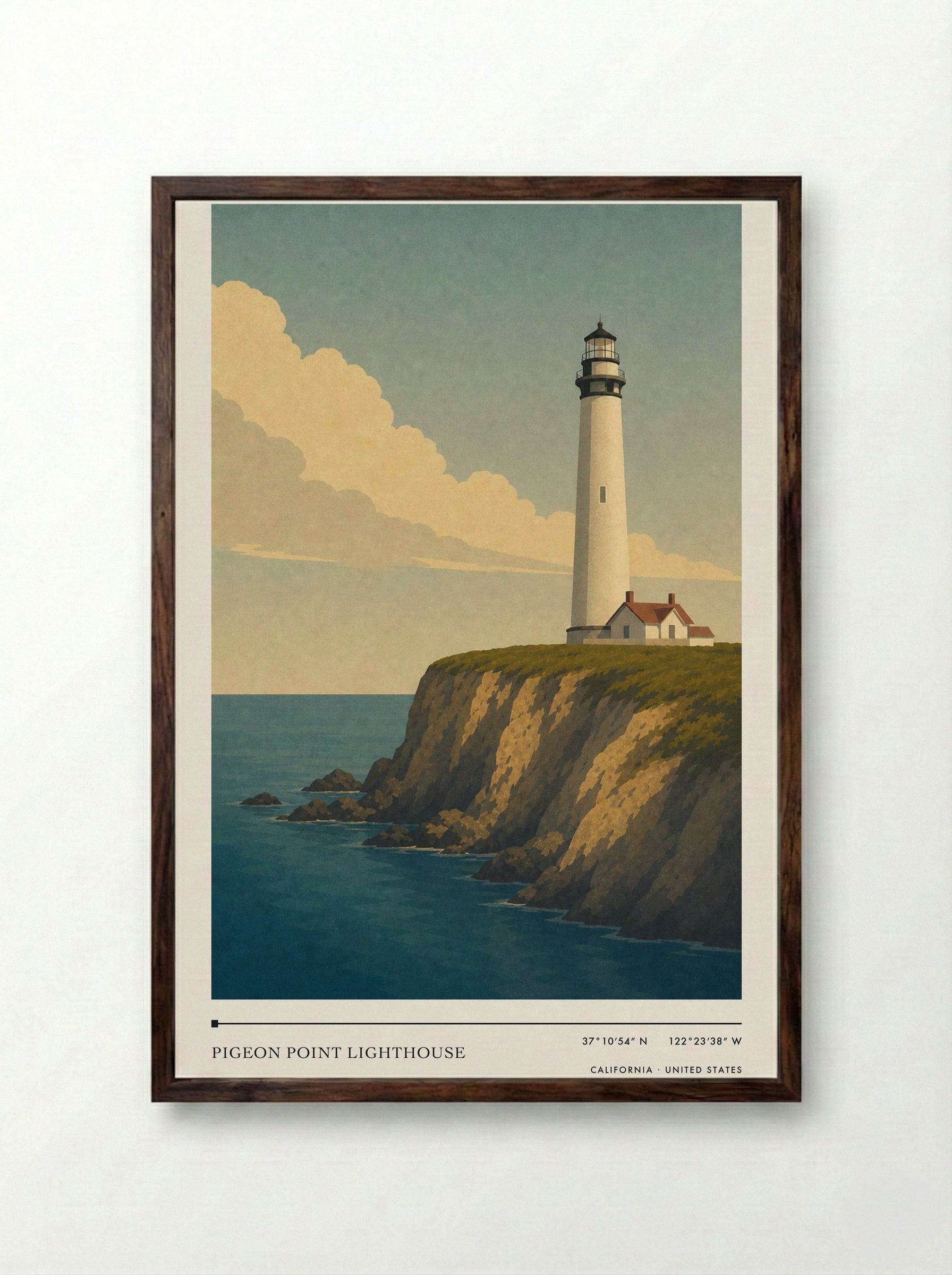 Pigeon Point Lighthouse Travel Poster Artwork - Framed Print Dark Wood