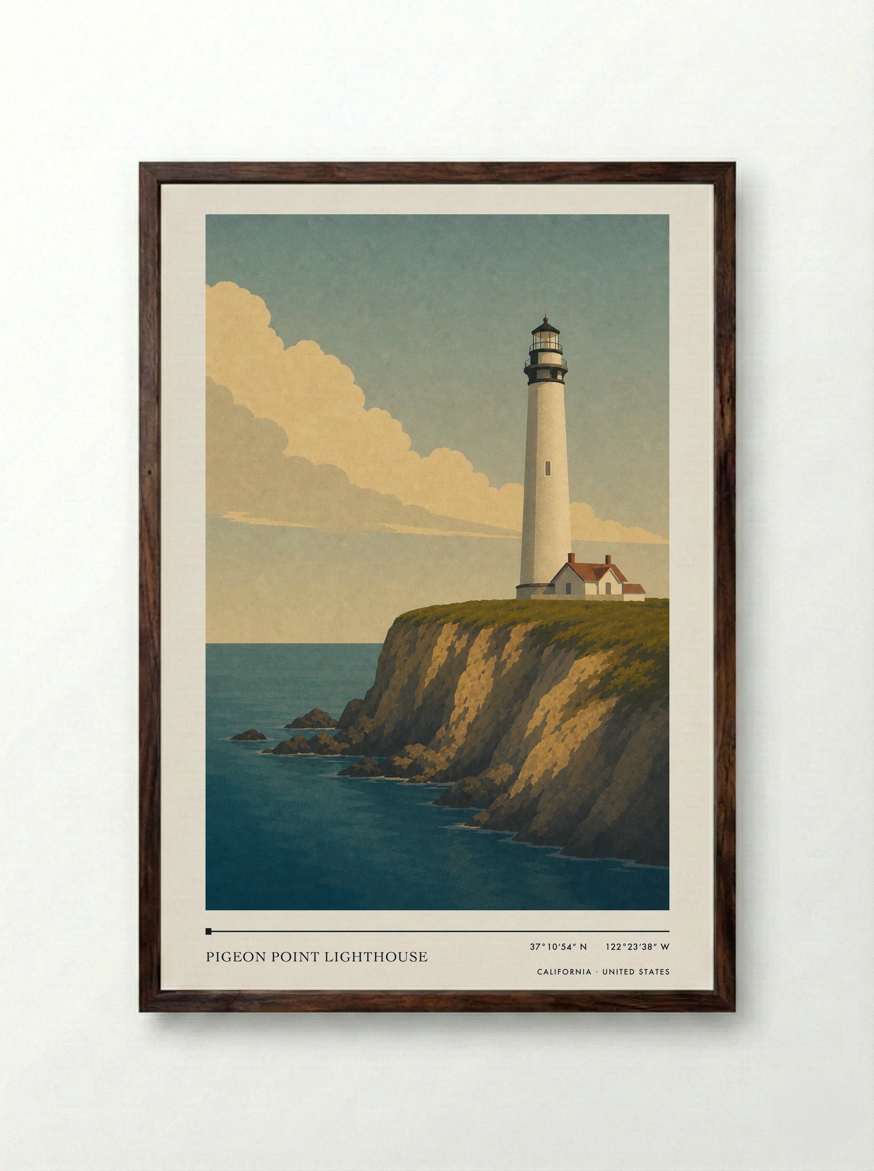 Pigeon Point Lighthouse Travel Poster Artwork - Framed Print Dark Wood
