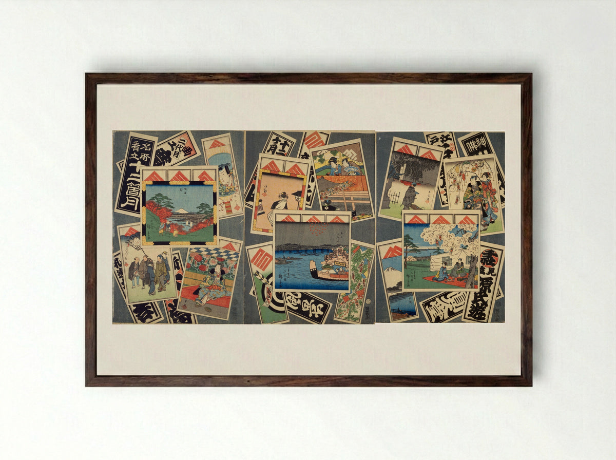 Pilgrims Resting Under Tall Trees with Mount Fuji in the Distance - Utagawa Hiroshige II - Framed Print Dark Wood