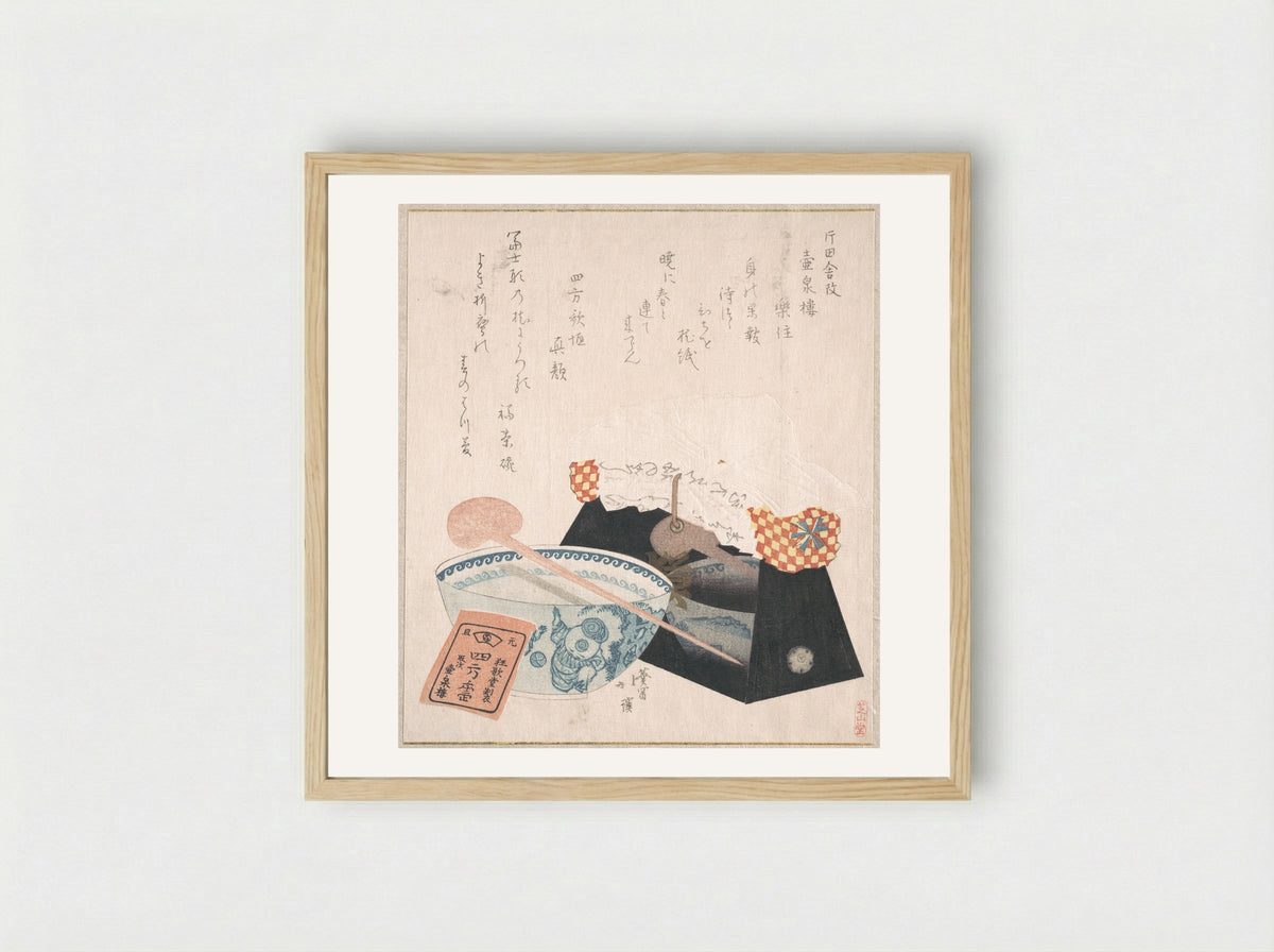 Pillow for Women and a Bowl - Totoya Hokkei - Framed Print Wood