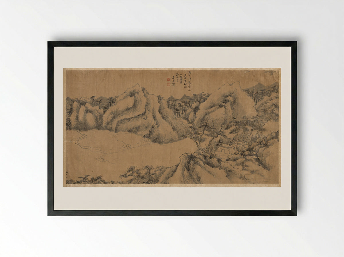 Pine-shaded Monastery on a Cloudy Mountain - Gu Chao - Framed Print Black