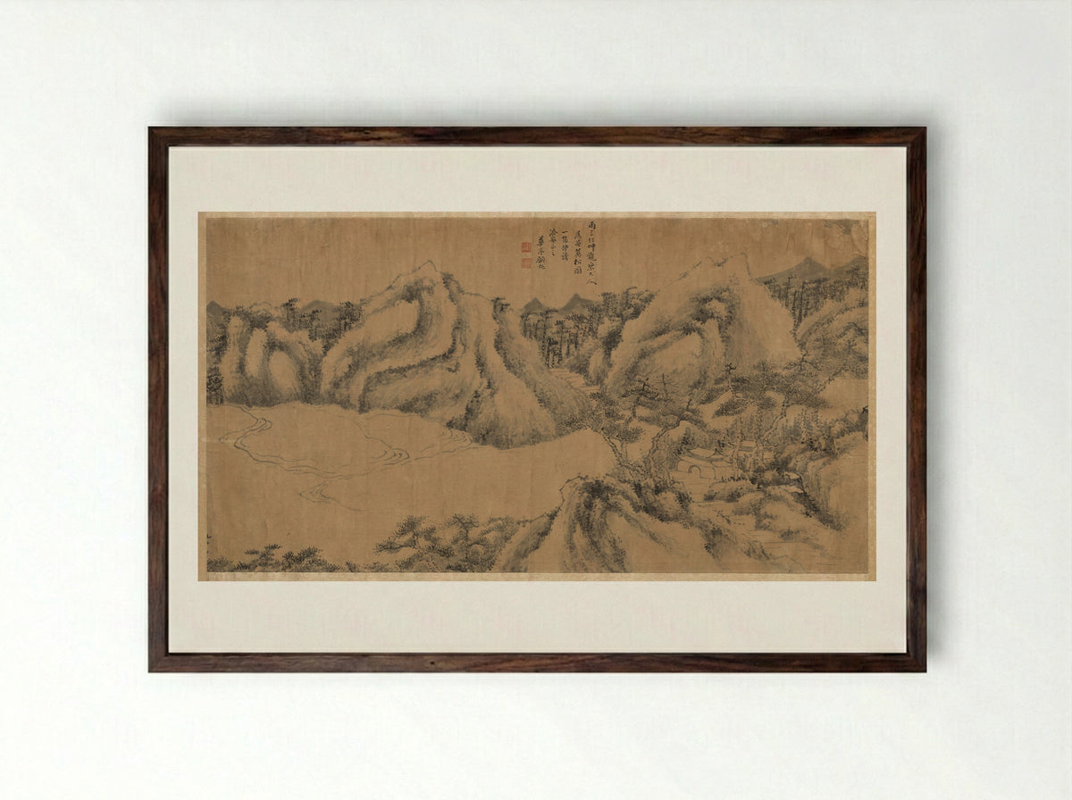 Pine-shaded Monastery on a Cloudy Mountain - Gu Chao - Framed Print Dark Wood