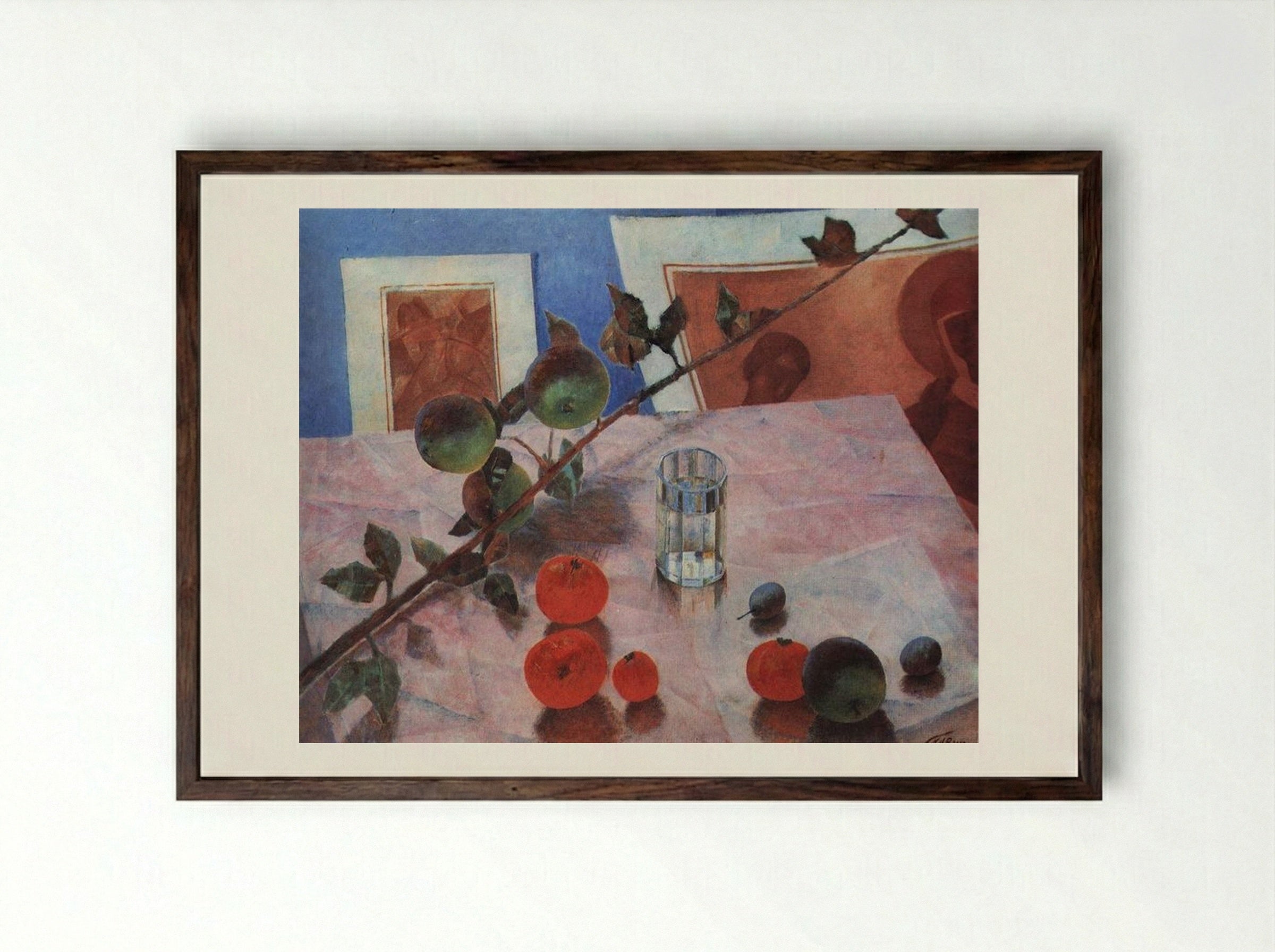 Pink Still Life - Kuzma Petrov-Vodkin - Framed Print Dark Wood