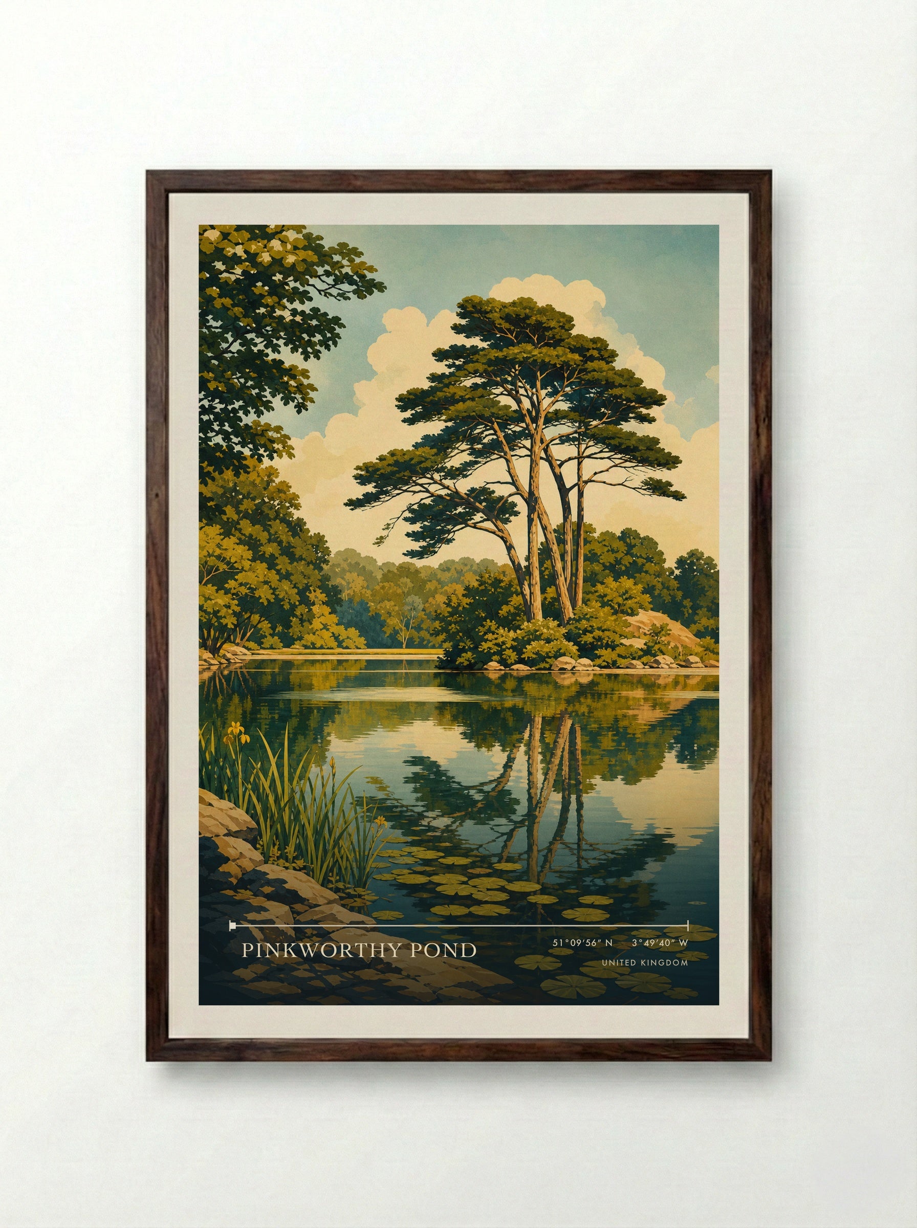Pinkworthy Pond United Kingdom Travel Poster - Framed Print Dark Wood