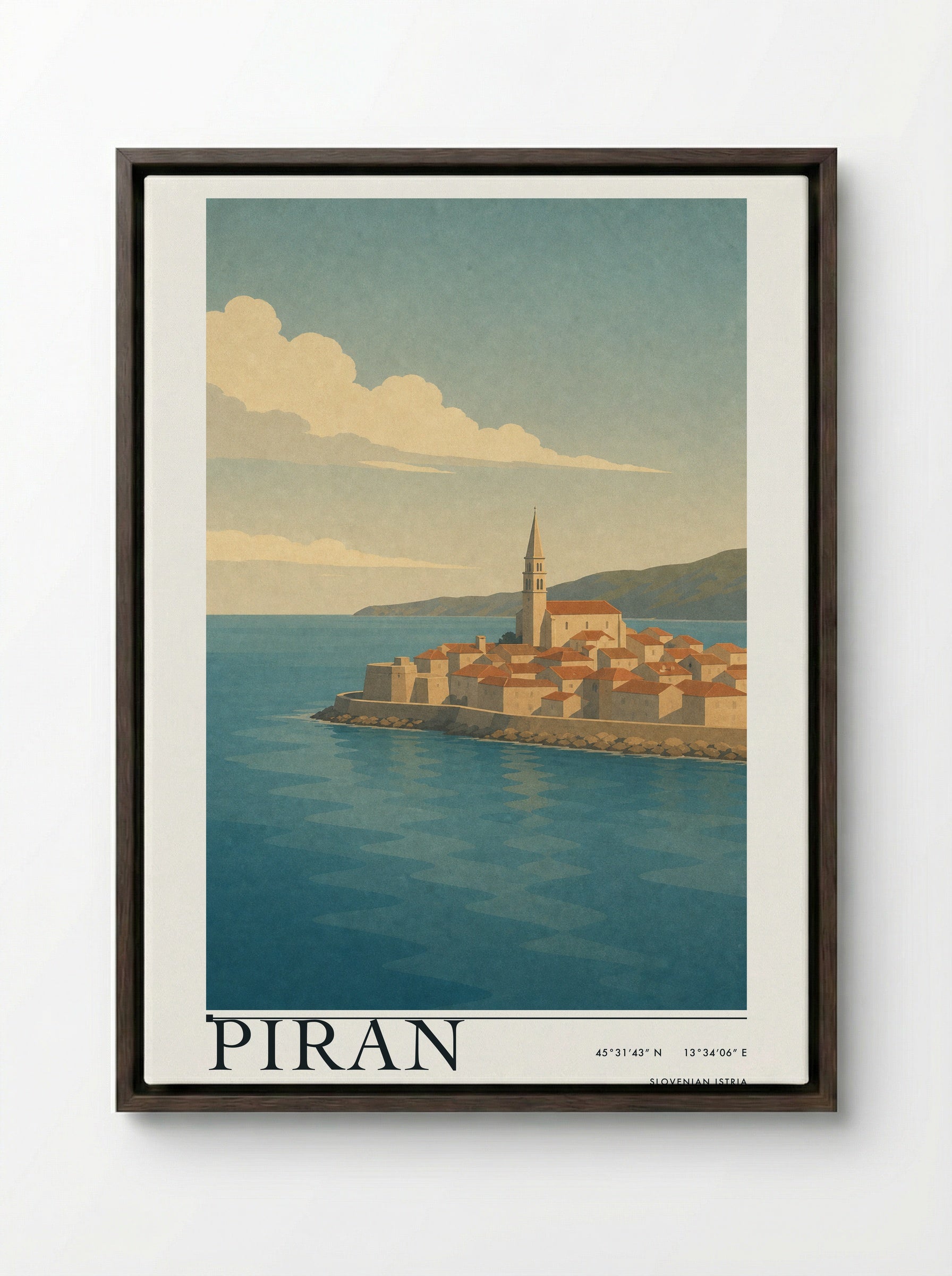Piran Travel Poster Artwork - Framed Canvas Dark Wood