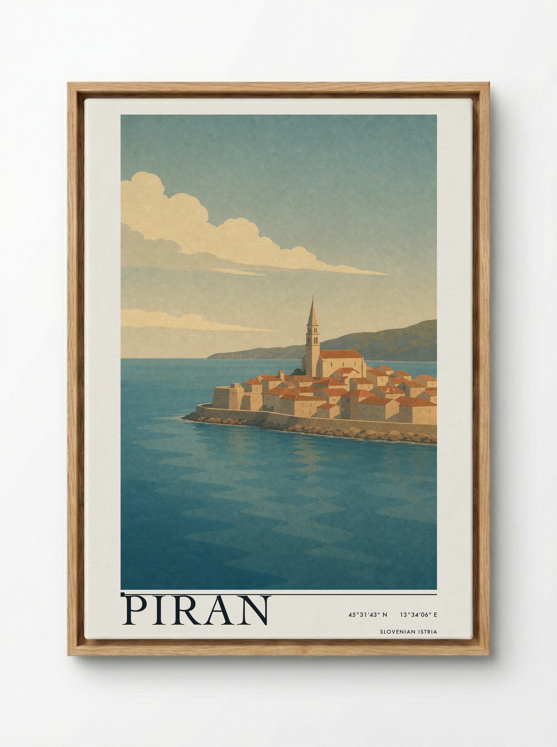 Piran Travel Poster Artwork - Framed Canvas Wood