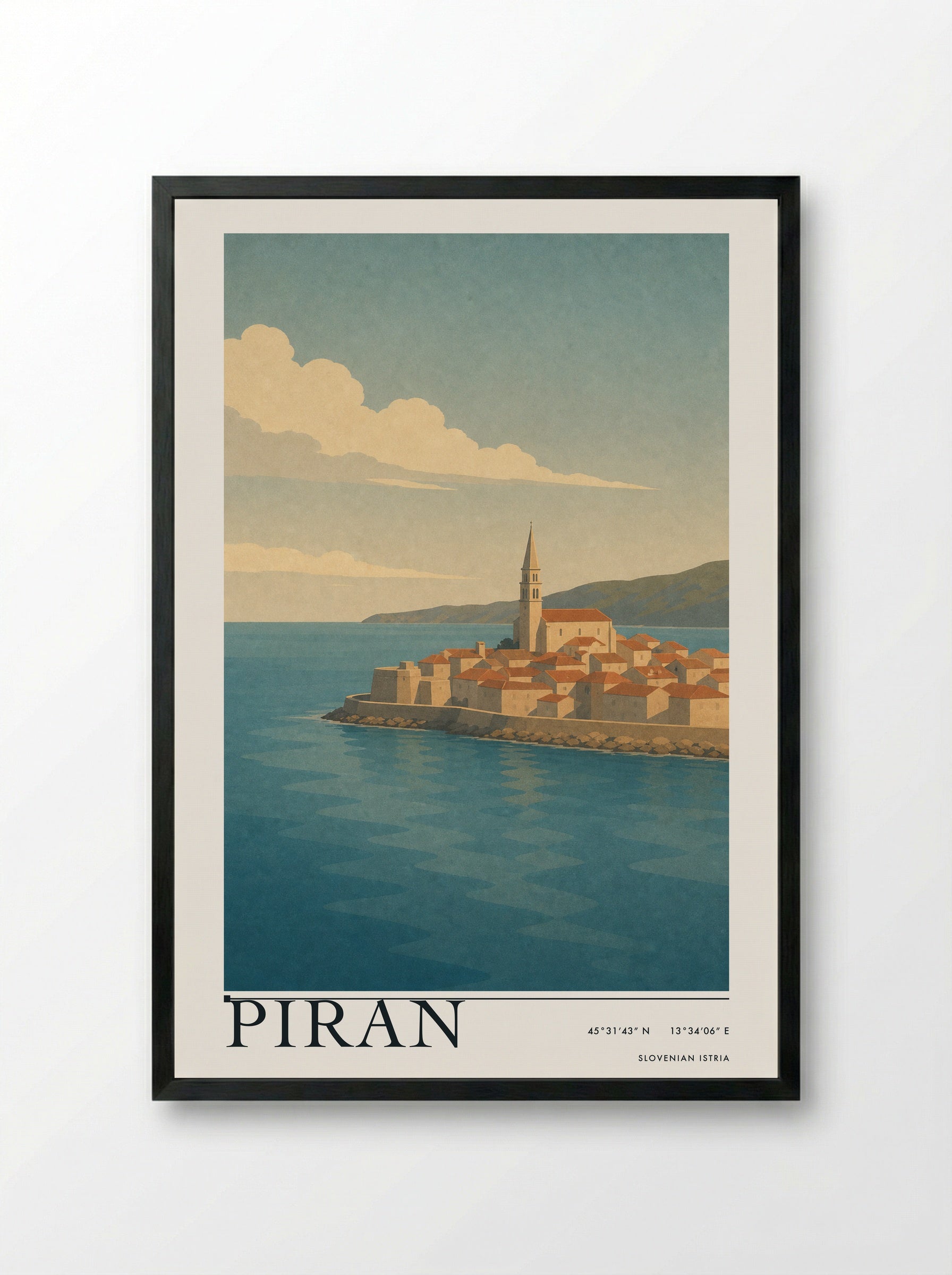 Piran Travel Poster Artwork - Framed Print Black