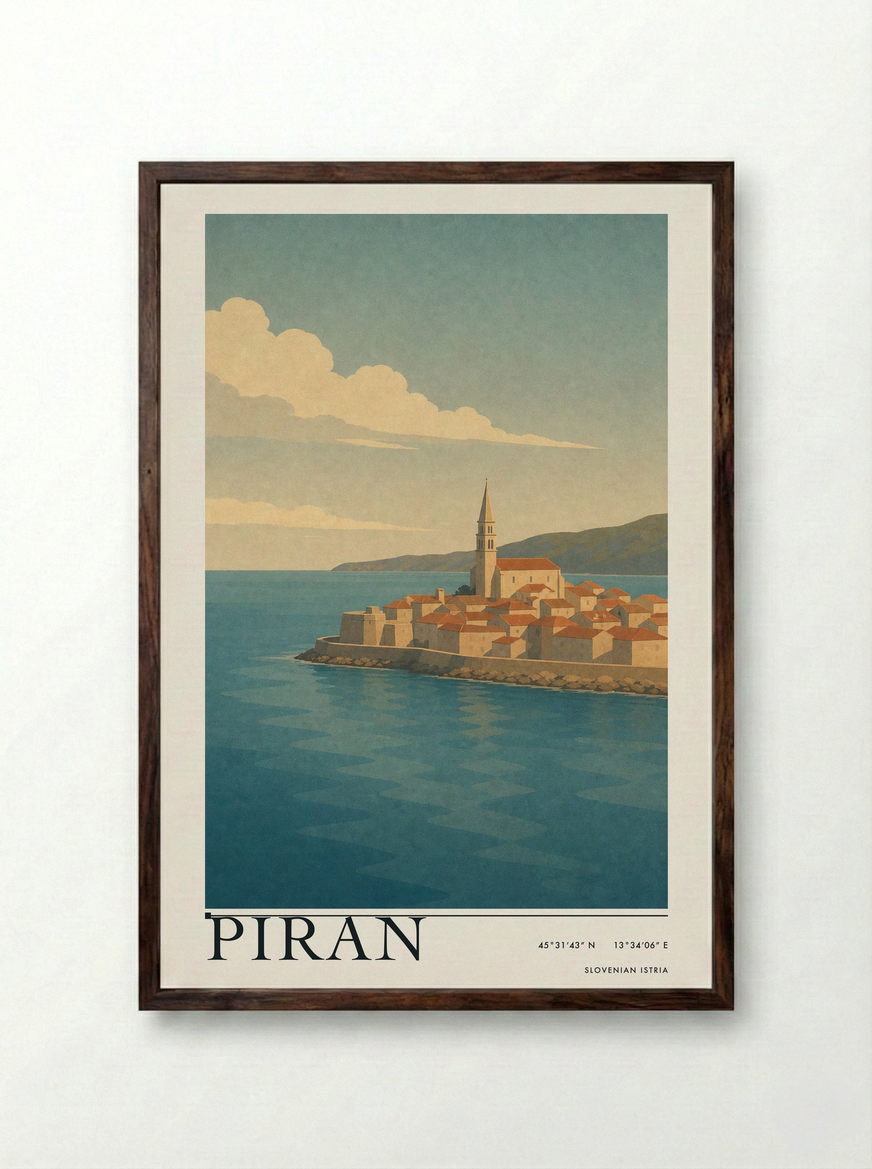 Piran Travel Poster Artwork - Framed Print Dark Wood