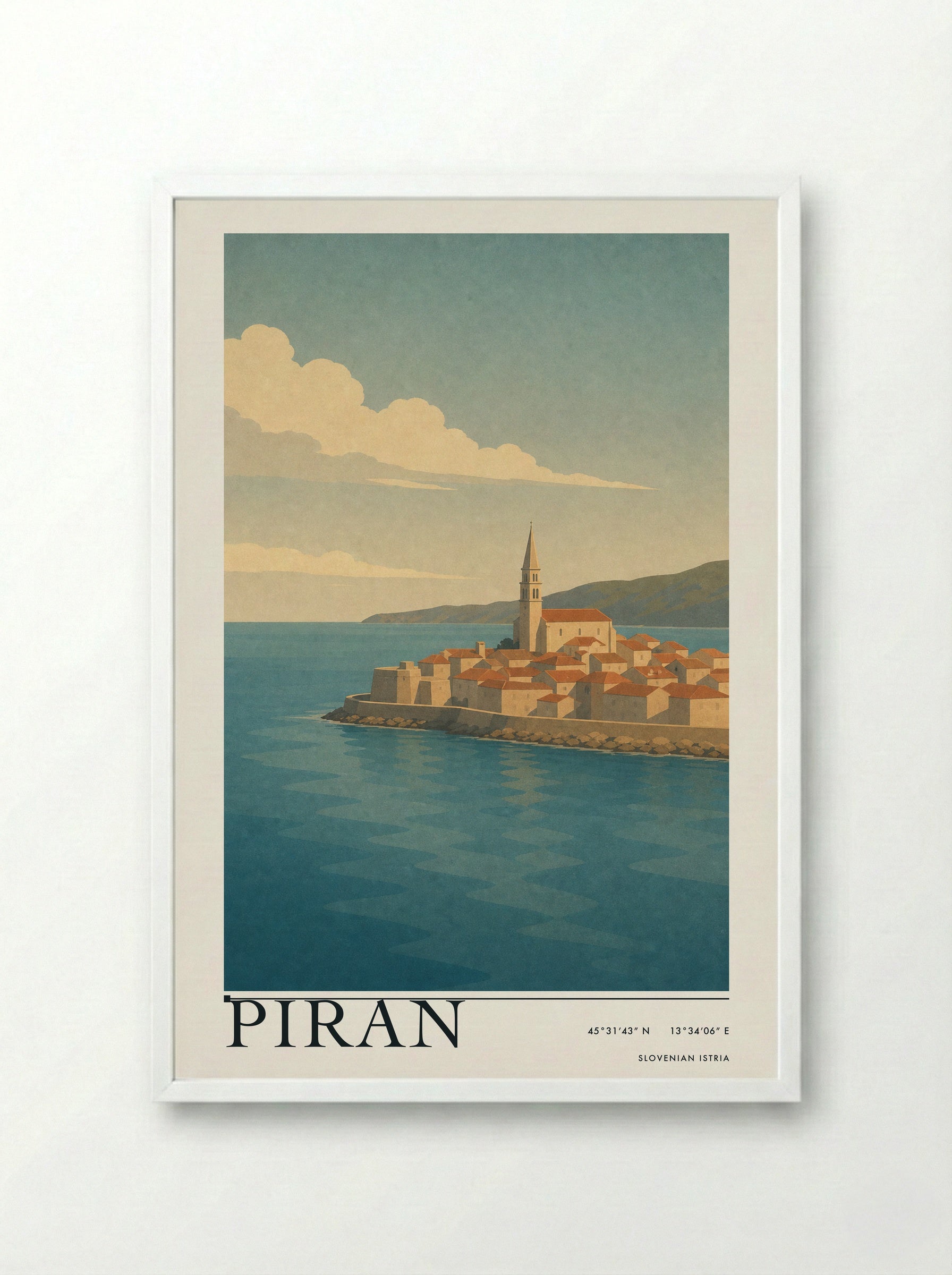 Piran Travel Poster Artwork - Framed Print White