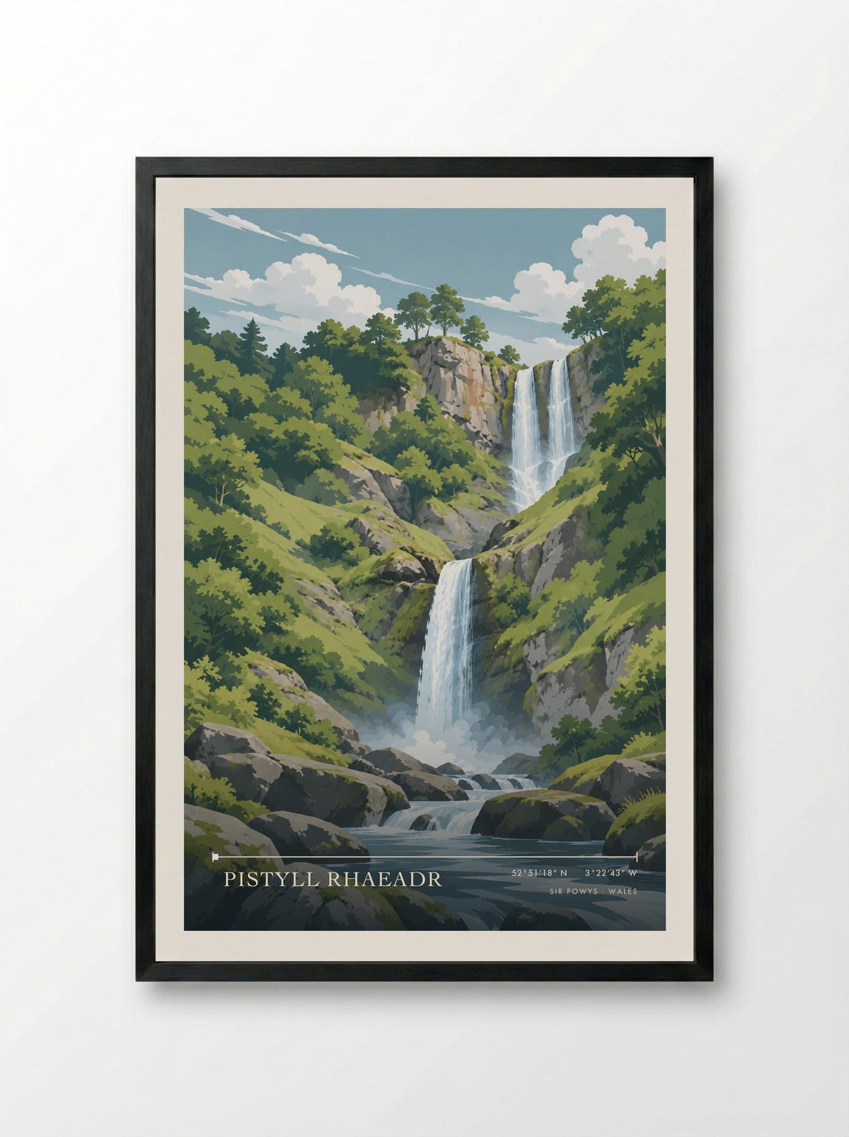 Pistyll Rhaeadr, Sir Powys | Travel Poster - Framed Print Black