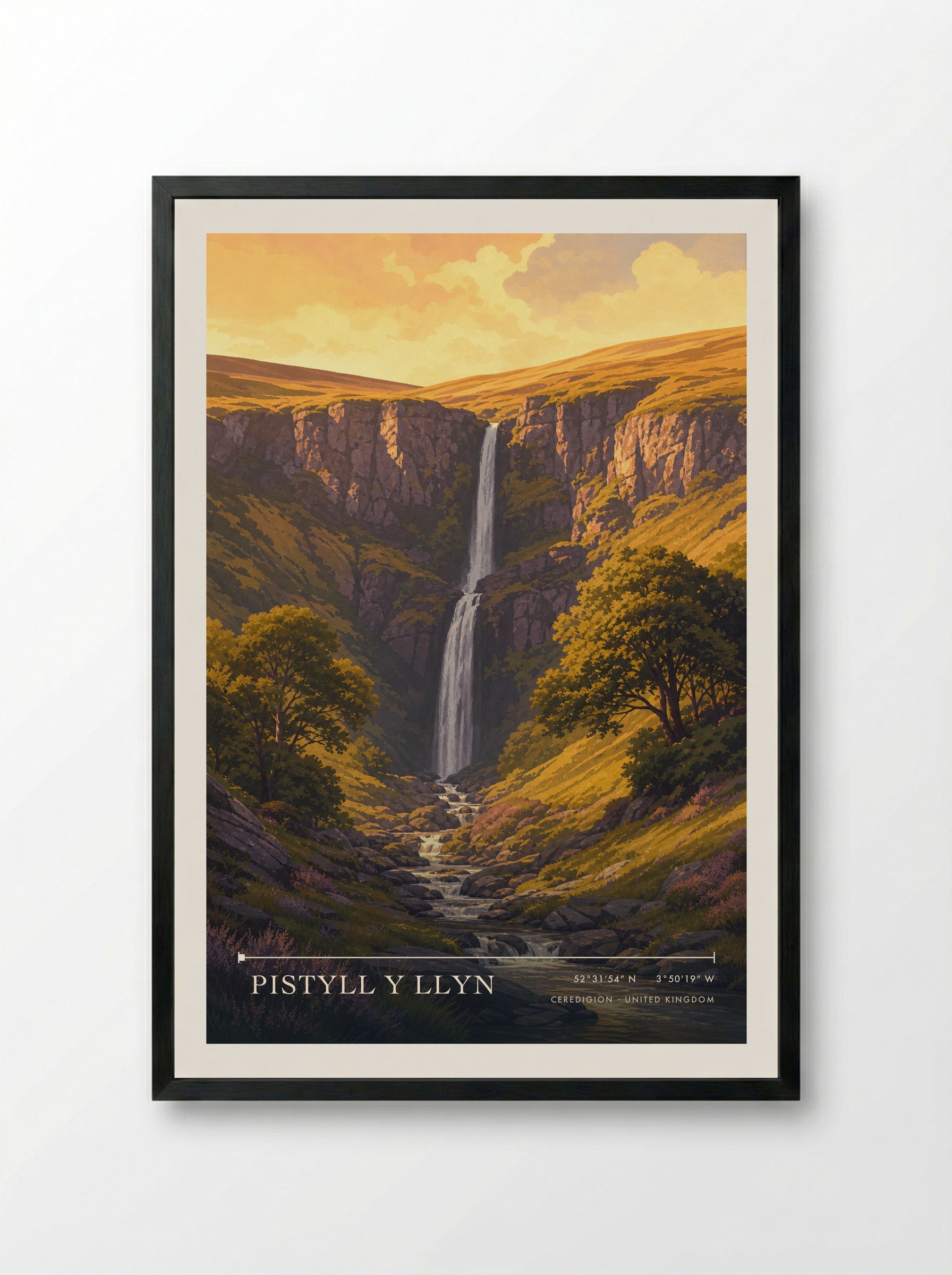 Pistyll y Llyn Ceredigion United Kingdom Travel Poster - Framed Print Black