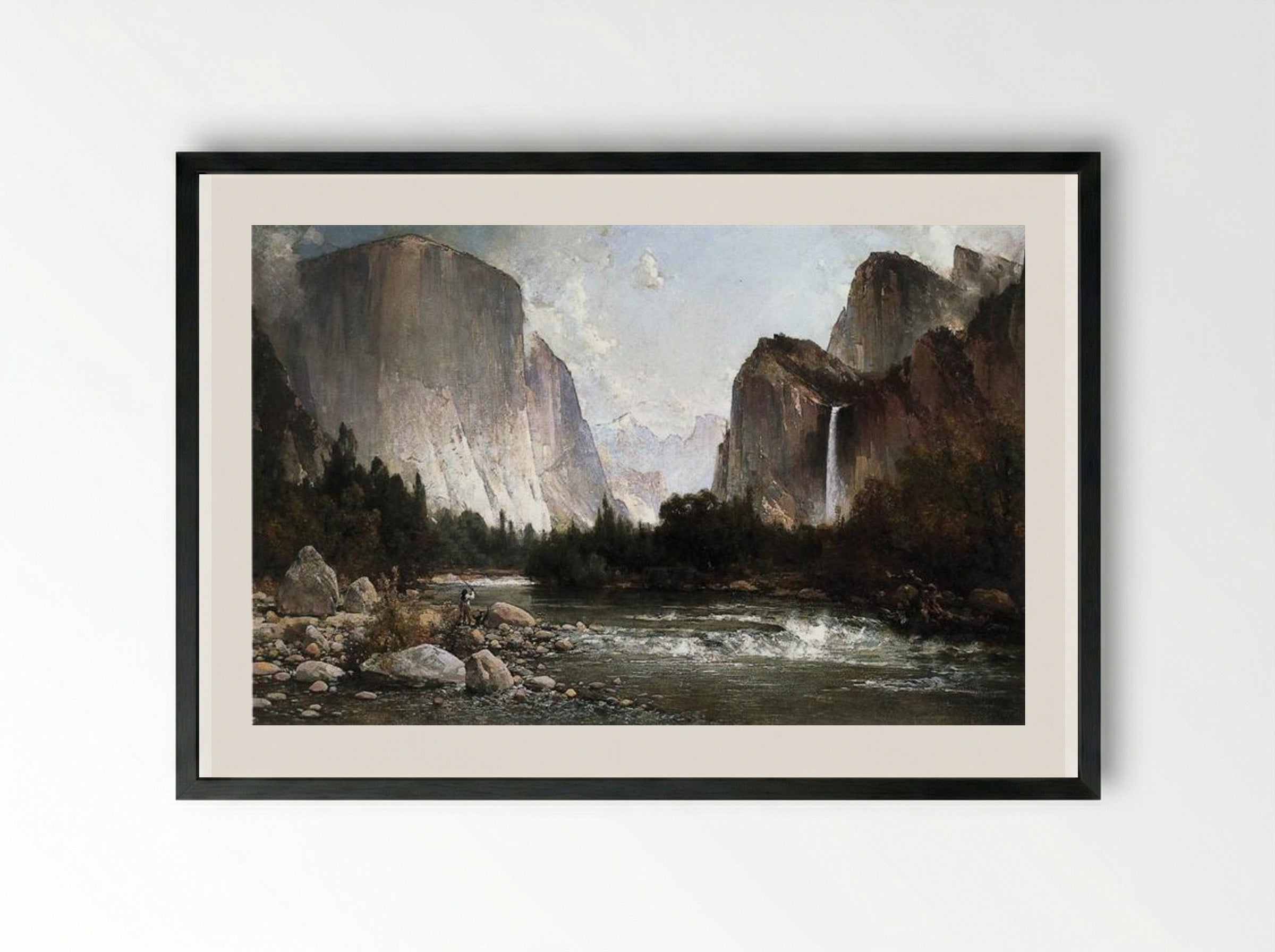 Piute Fishing on the Merced River, Yosemite Valley - Thomas Hill - Framed Print Black