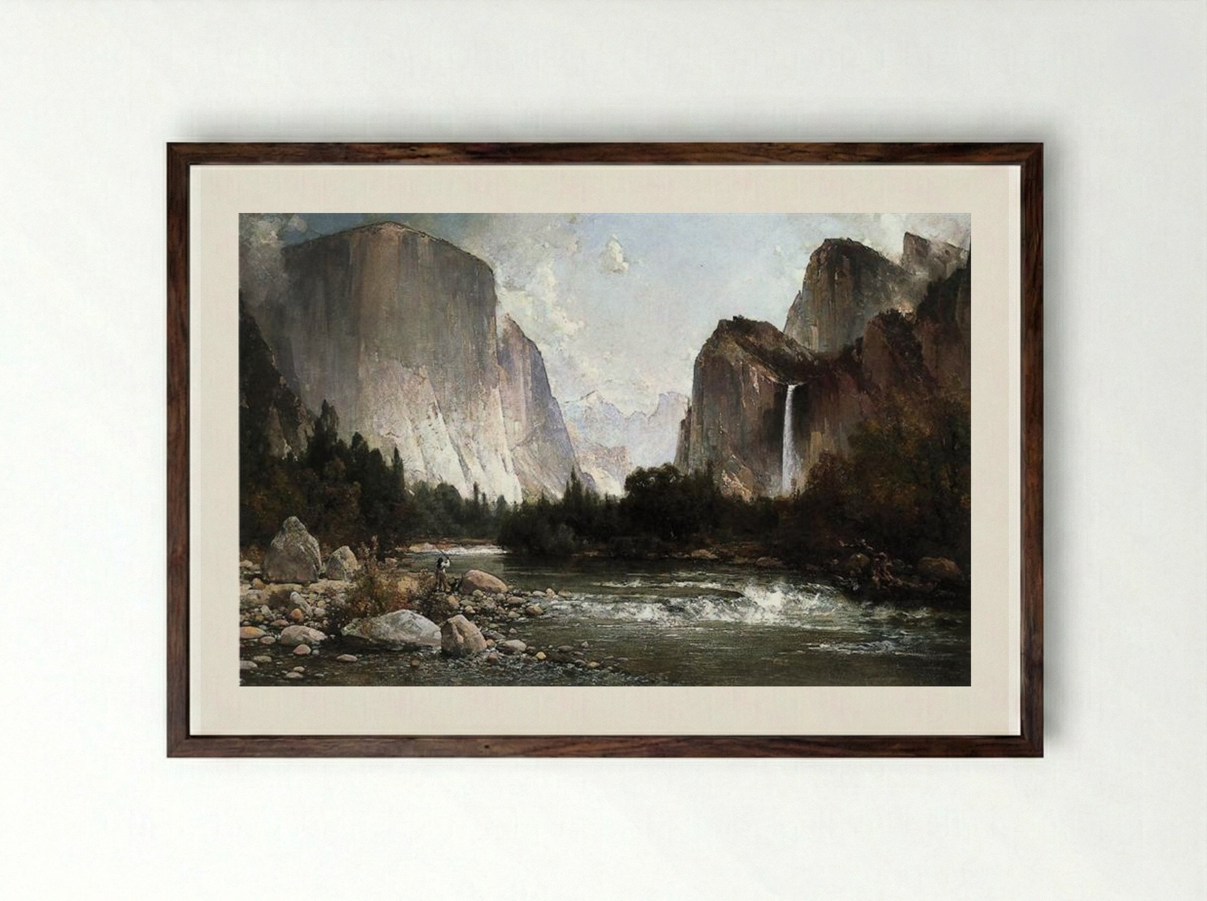 Piute Fishing on the Merced River, Yosemite Valley - Thomas Hill - Framed Print Dark Wood
