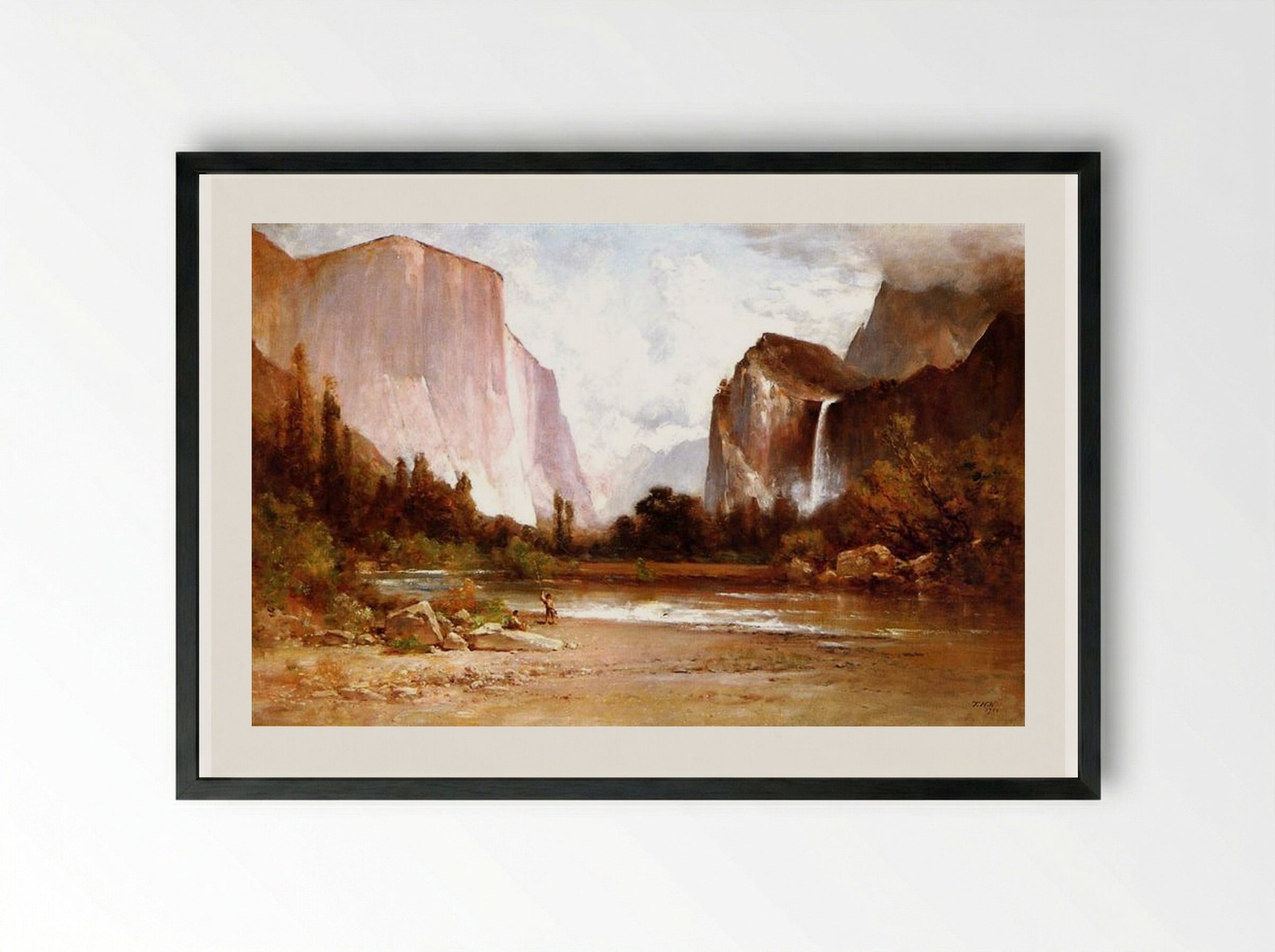 Piute Indians Fishing in Yosemite - Thomas Hill - Framed Print Black