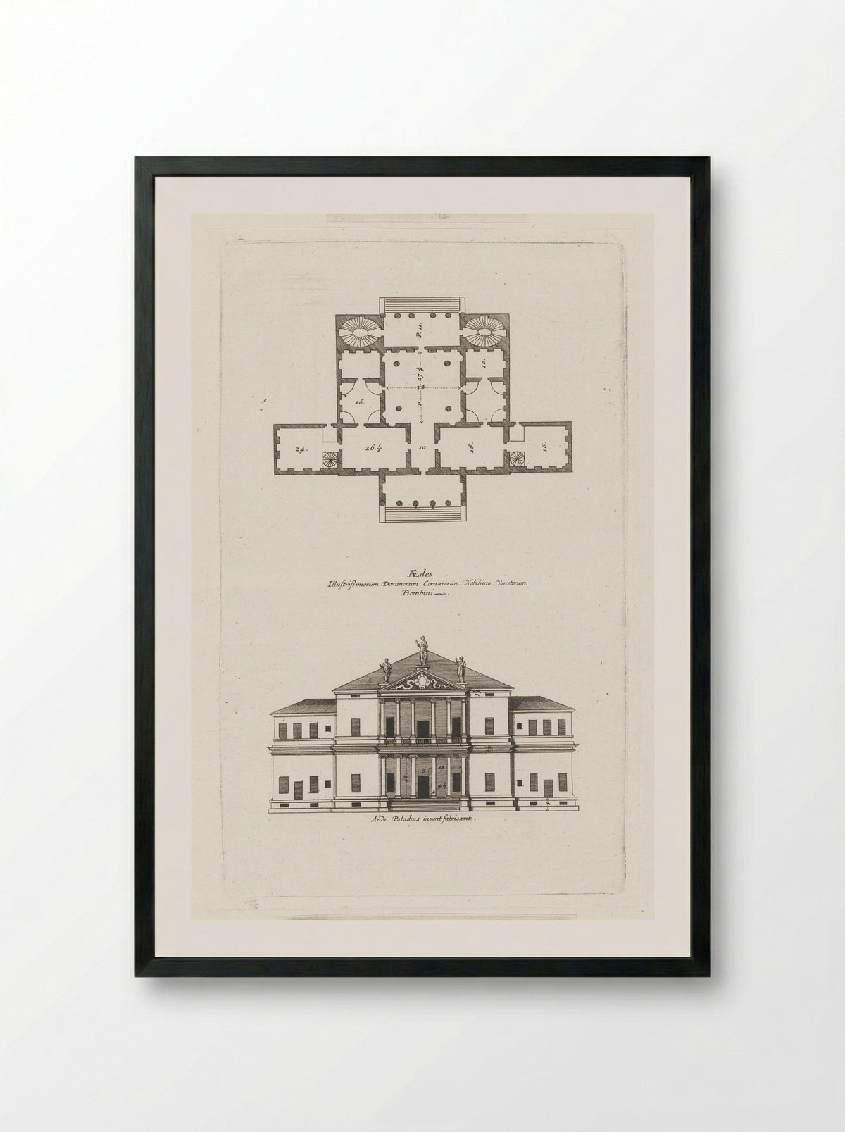 Plan and Elevation of Villa Cornaro - Andrea Palladio - Framed Print Black
