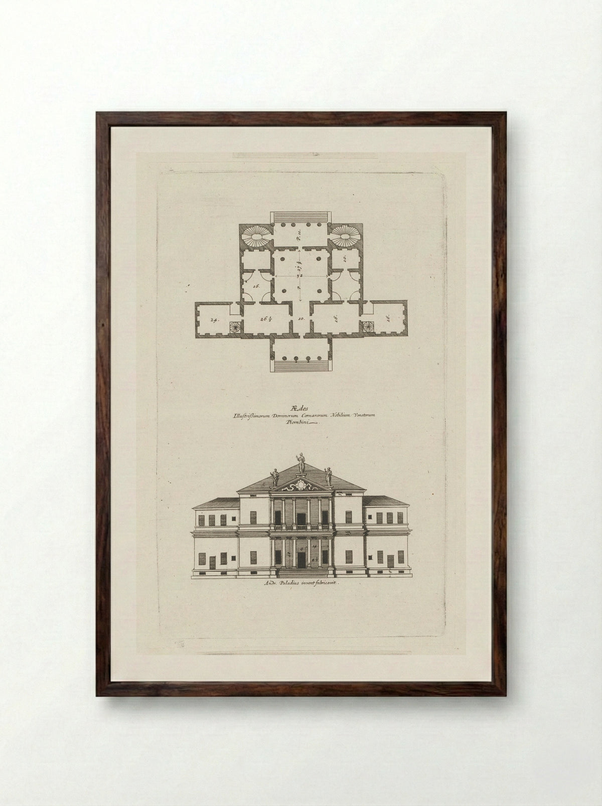 Plan and Elevation of Villa Cornaro - Andrea Palladio - Framed Print Dark Wood
