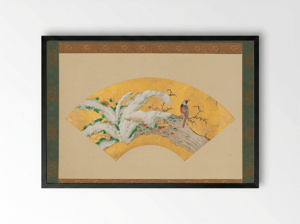 Plantain and Bird in Snow - Kano Sōshū - Framed Print Black