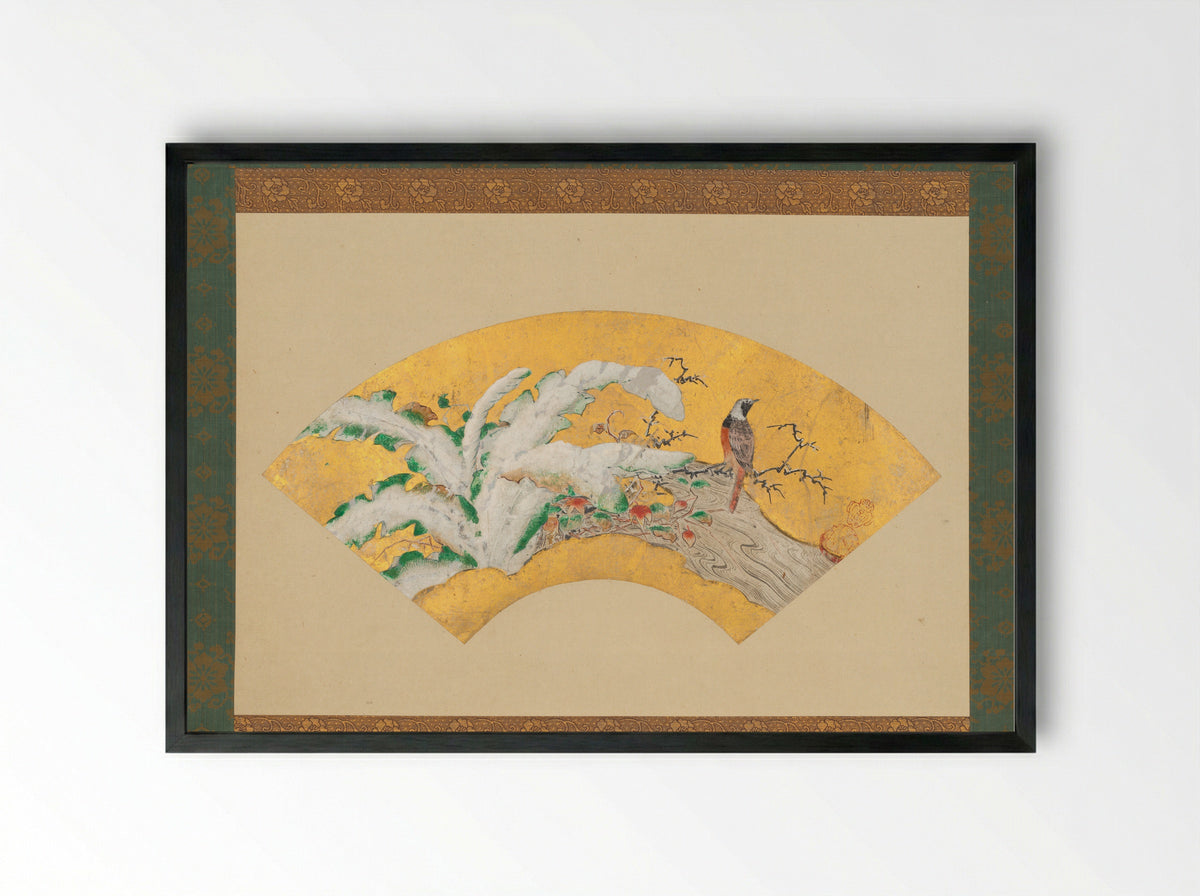 Plantain and Bird in Snow - Kano Sōshū - Framed Print Black