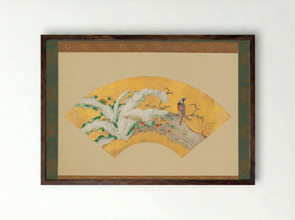 Plantain and Bird in Snow - Kano Sōshū - Framed Print Dark Wood