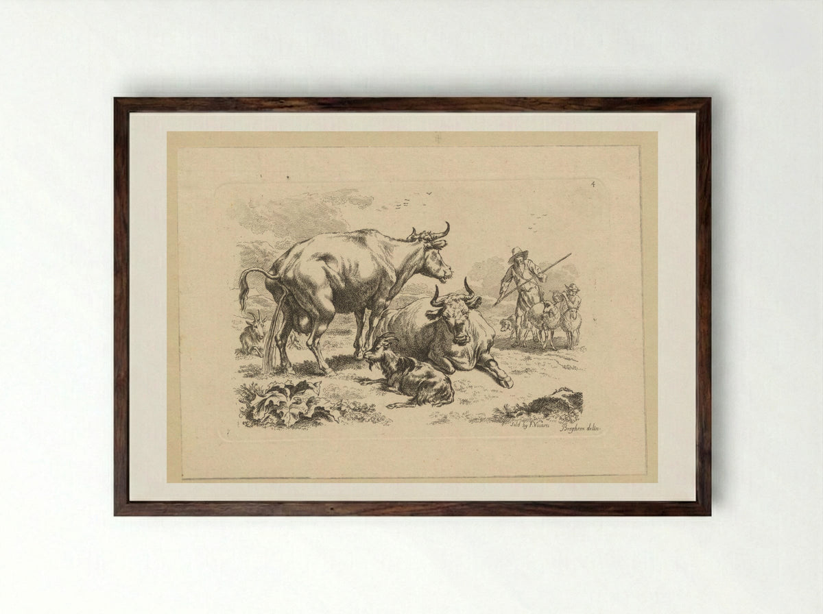 Plassende koe, een liggende koe, geiten en herders met schapen - François Vivares - Framed Print Dark Wood