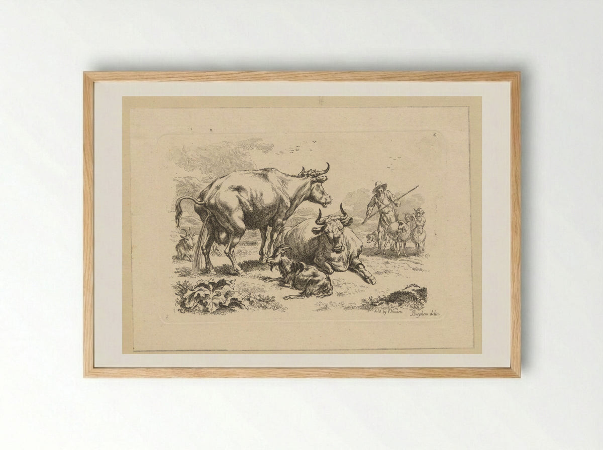 Plassende koe, een liggende koe, geiten en herders met schapen - François Vivares - Framed Print Wood