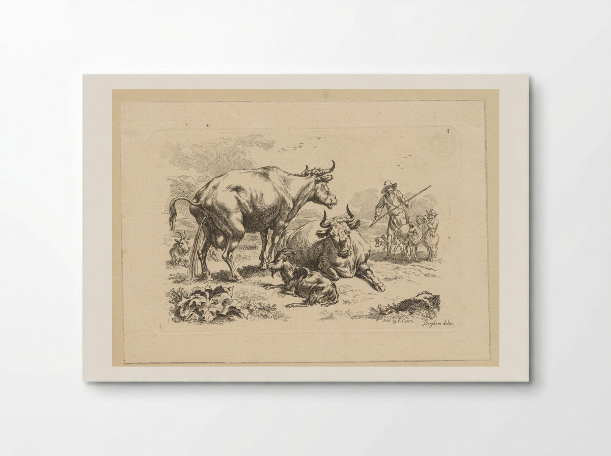 Plassende koe, een liggende koe, geiten en herders met schapen - François Vivares - Poster